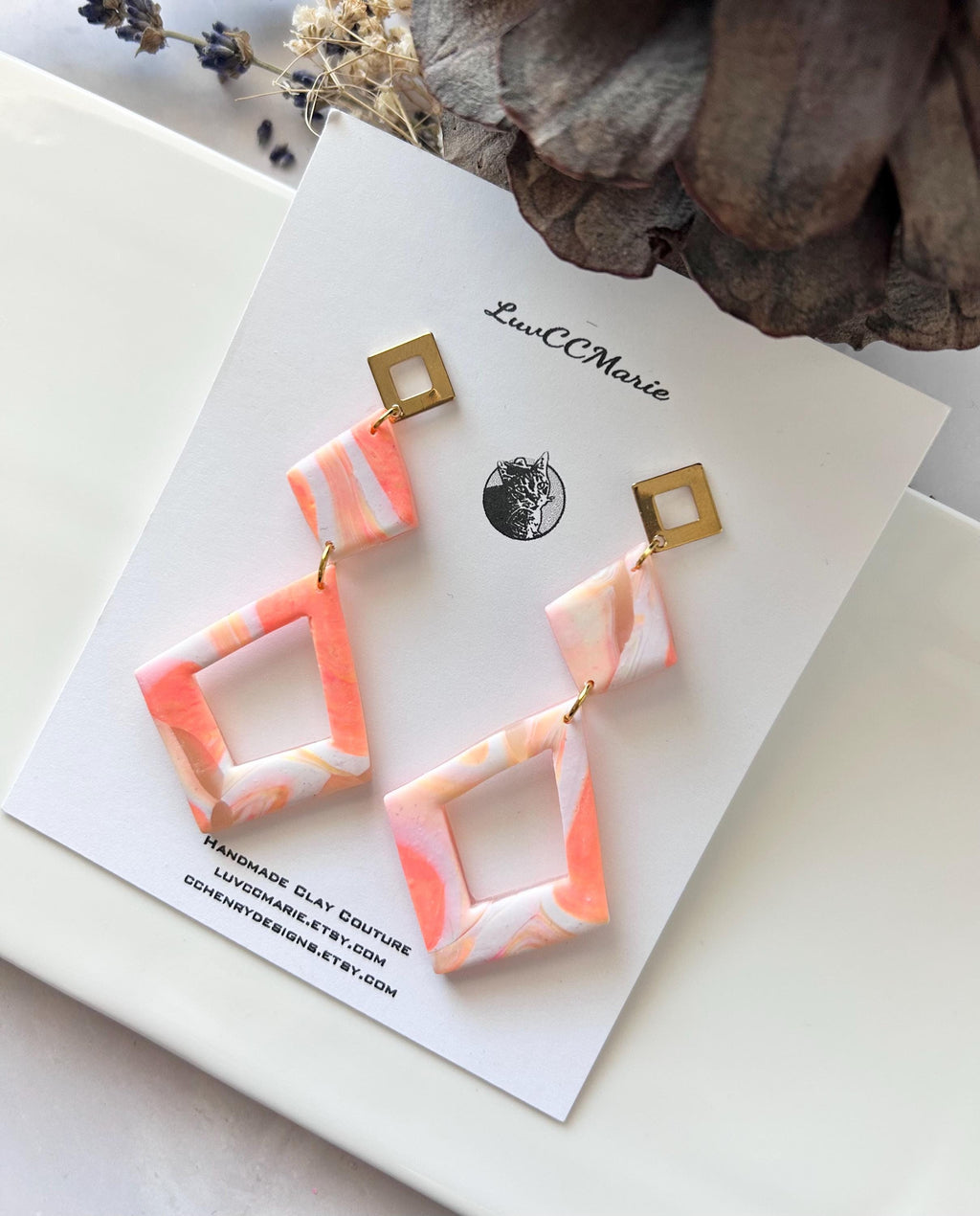 Coral Statement Dangle Earrings, Geometric Dangles, Handmade Lightweight Boho Jewelry