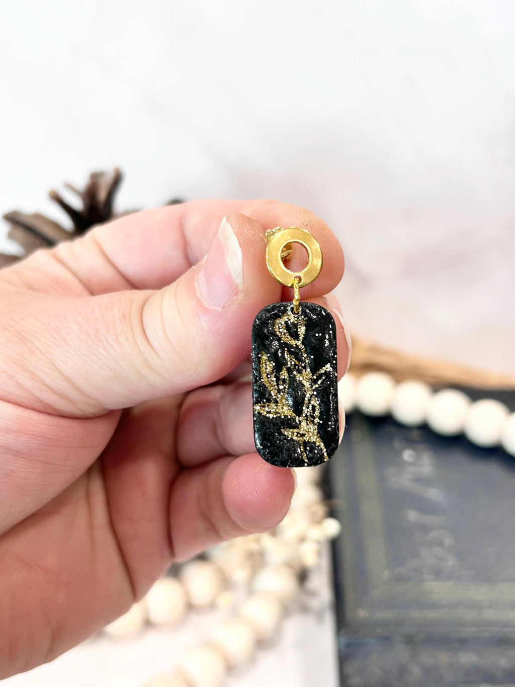Handmade Black and Gold Tulip Earrings, Drop Dangles, Clay Jewelry