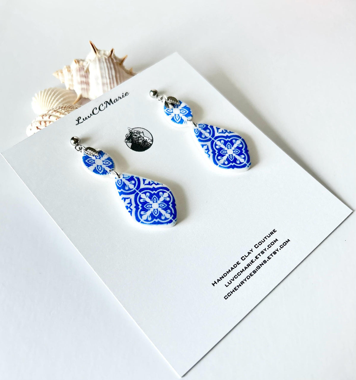 Santorini Earrings, Cobalt Blue Tile Dangles, Handmade Clay Boho Jewelry