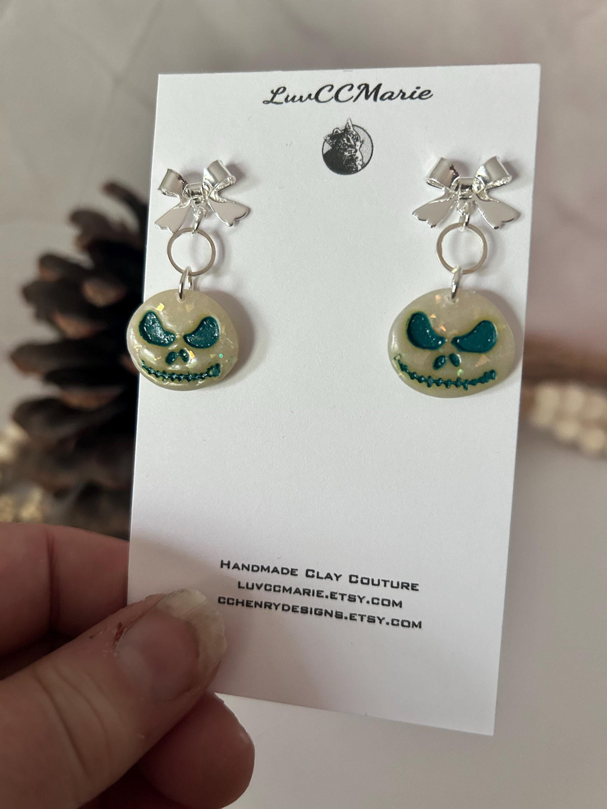 Green Skull Earrings, Bow Stud Drop Dangles, Opal Jack Handmade Jewelry