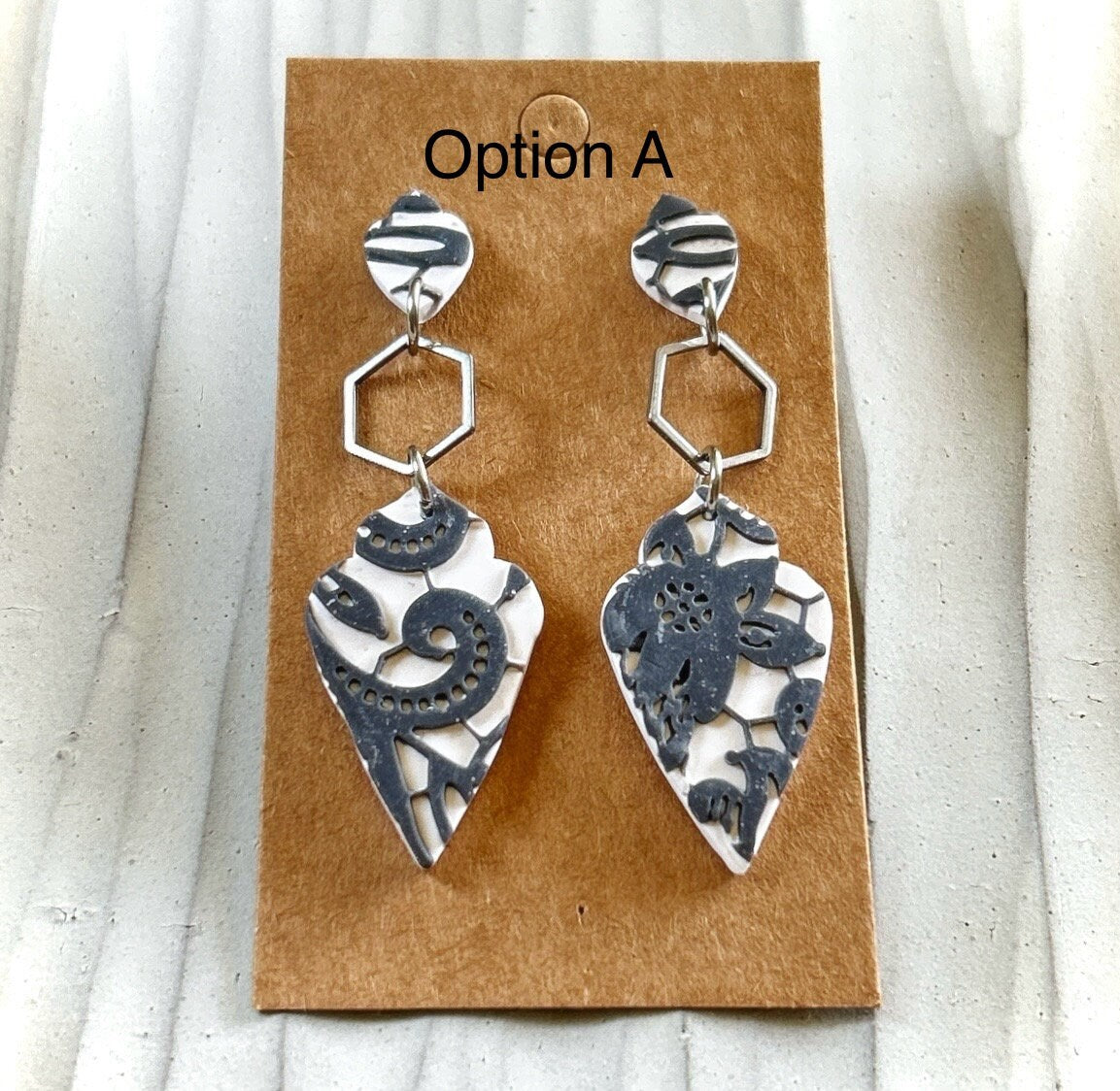 Black and White Boho Earrings, Charcoal Lace Embossed Floral Clay Dangles, Handmade Jewelry