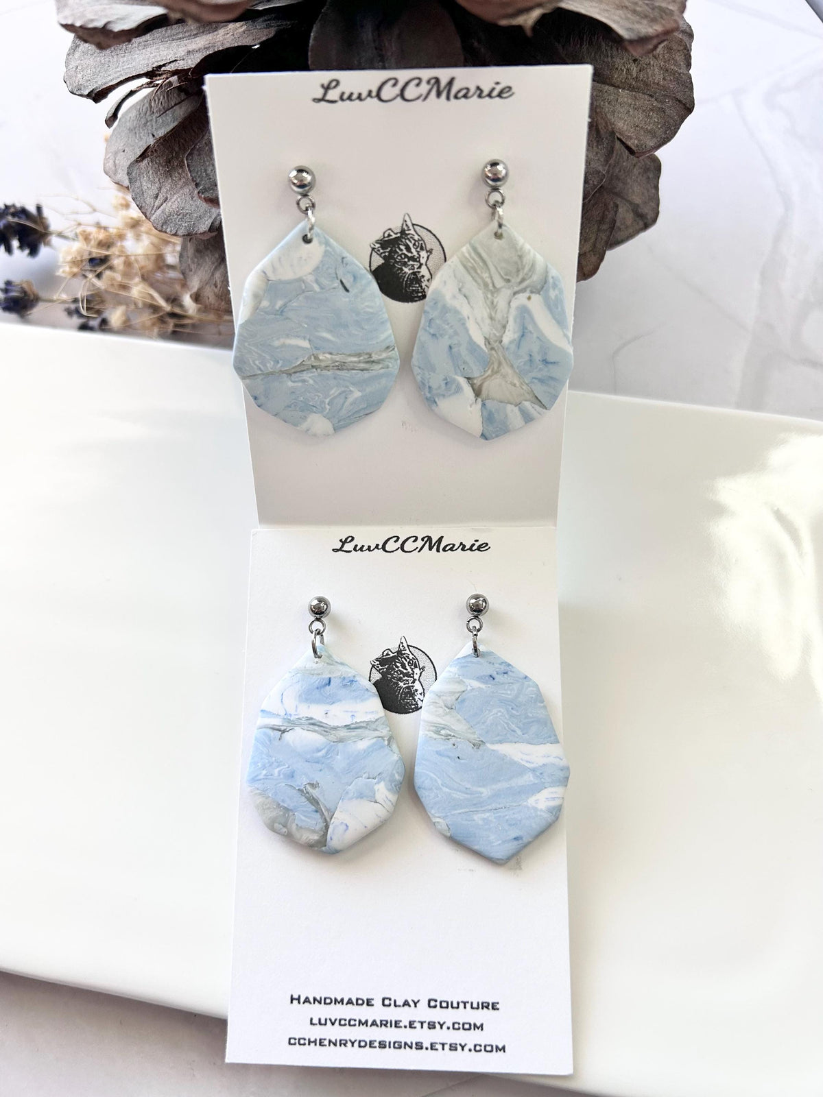 Pale Blue Marbled Earrings, Clay Octagon Dangles, Handmade Fashion Lightweight Jewelry Vacation Gift