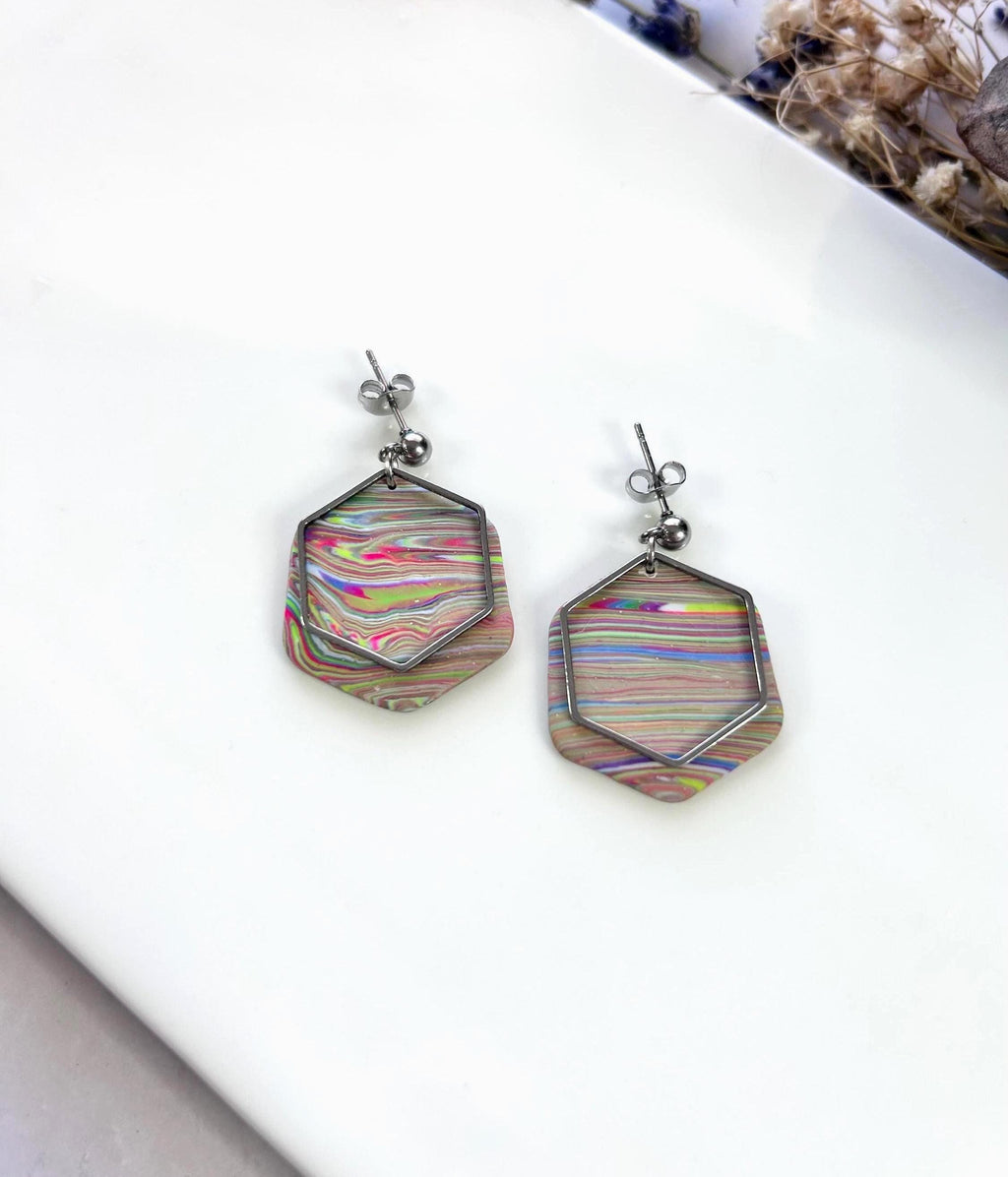 Handmade Clay Striped Earrings, Rainbow Pride Silver Dangles, Lightweight Jewelry Gift