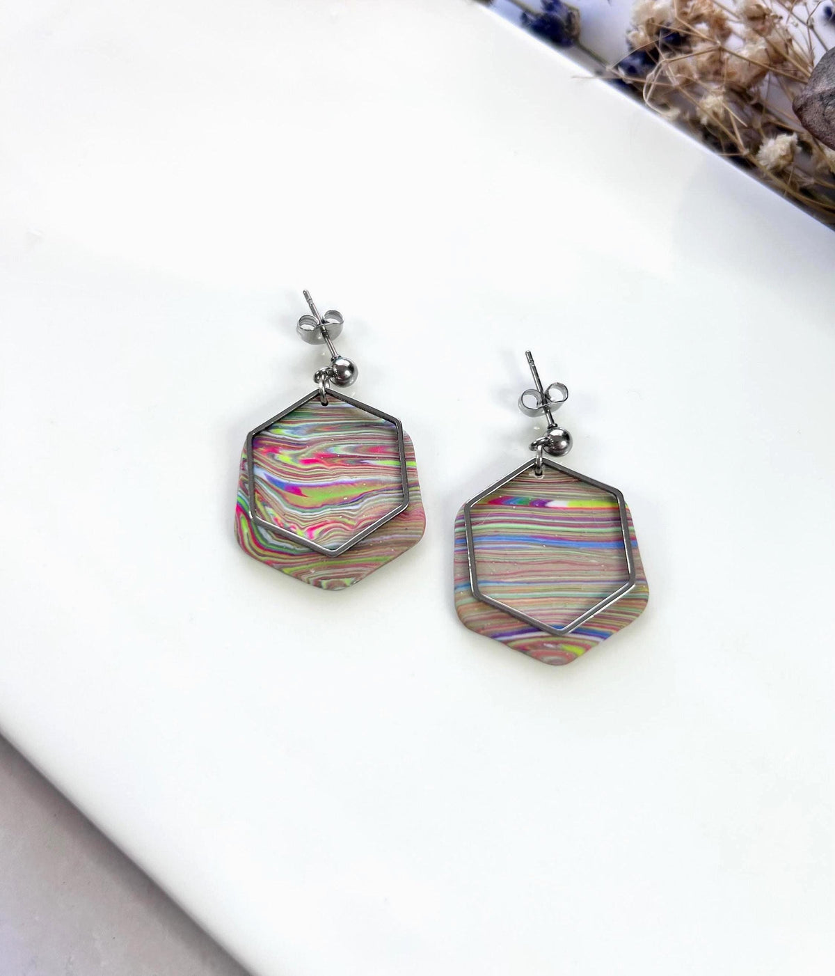 Handmade Clay Striped Earrings, Rainbow Pride Silver Dangles, Lightweight Jewelry Gift