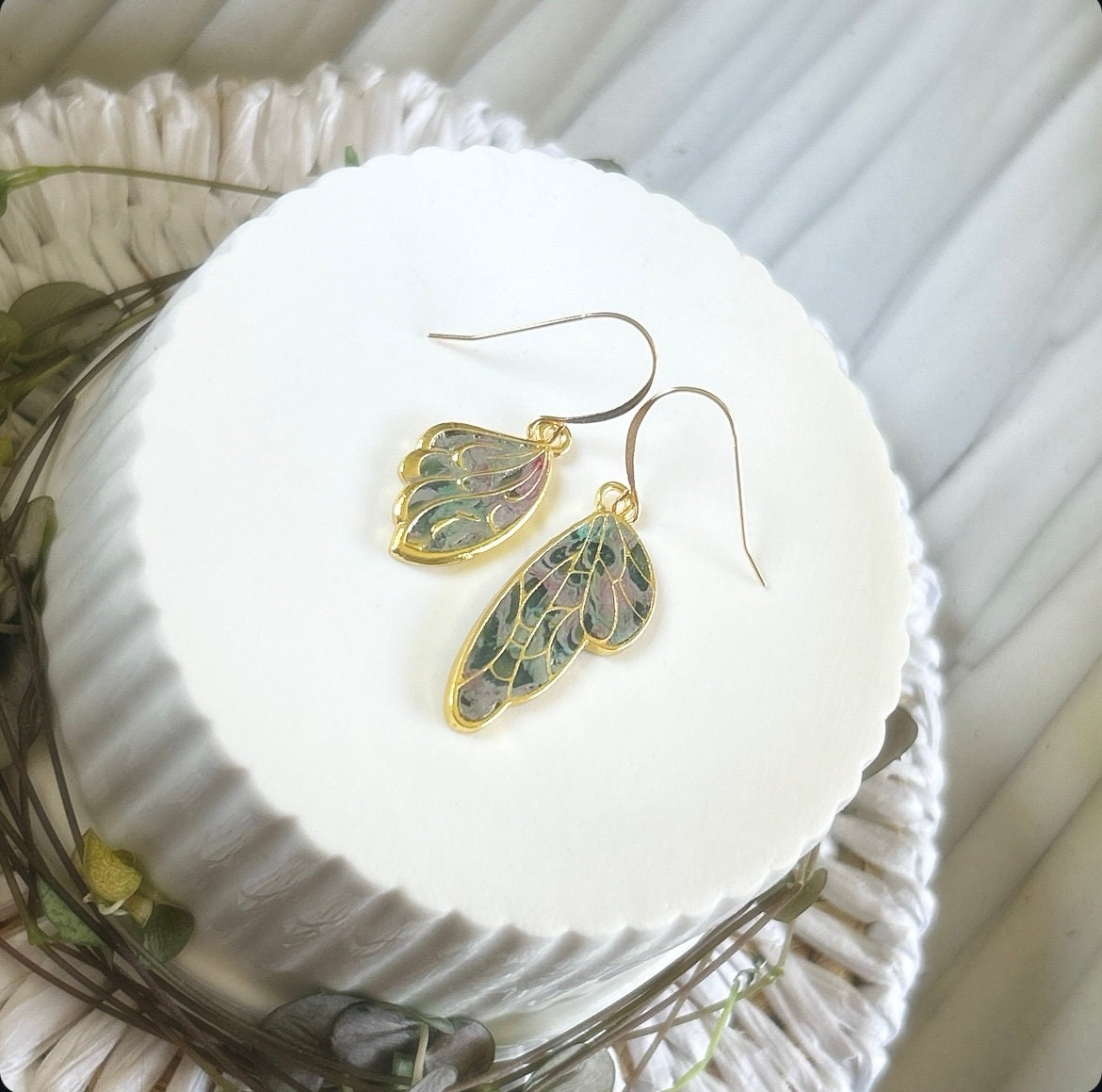 Handmade Clay Wing Earrings, Gold Dangles, Small Lightweight Boho Jewelry