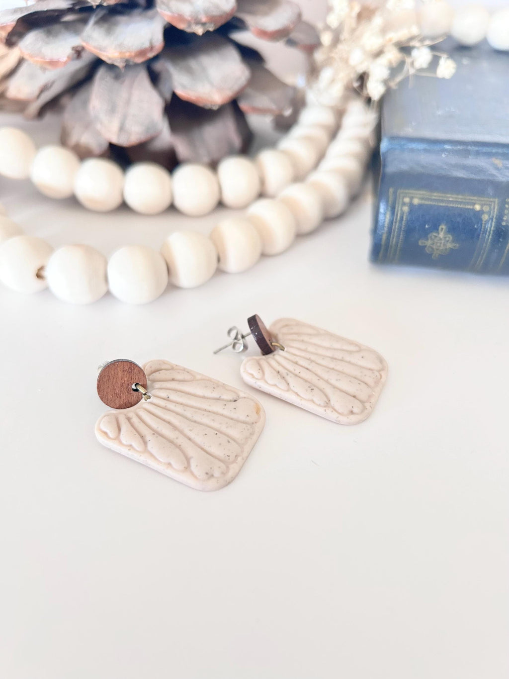 Creamy Clay Wood Dangle Earrings, Matisse Square Neutral Drops, Handmade Boho Jewelry Gift