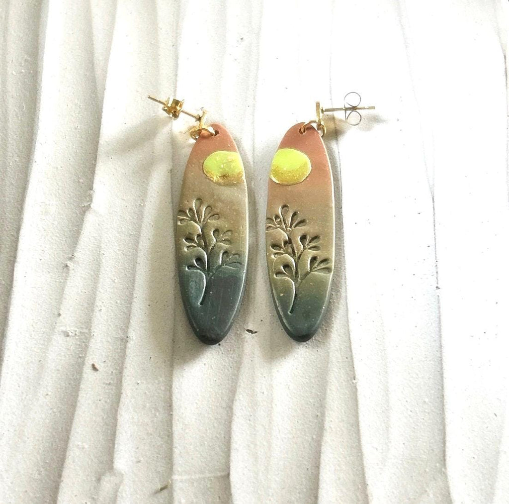 Surfboard Earrings, Orange and Green Moon Dangles, Embossed Clay Handmade Jewelry