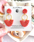 Handmade Coral Clay Dangle Earrings, Gold Hoop, Greek Style Vacation Gift For Women