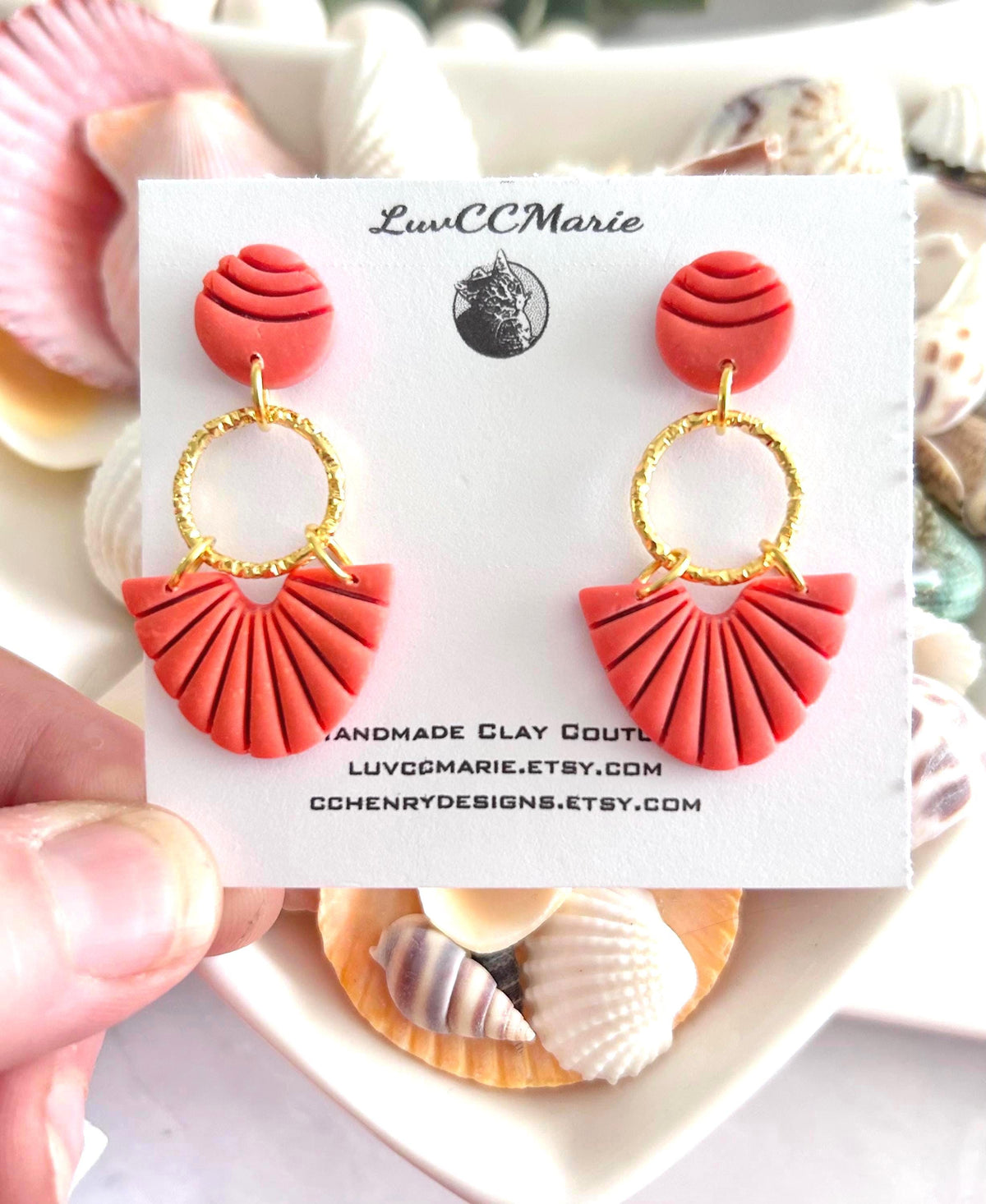 Handmade Coral Clay Dangle Earrings, Gold Hoop, Greek Style Vacation Gift For Women