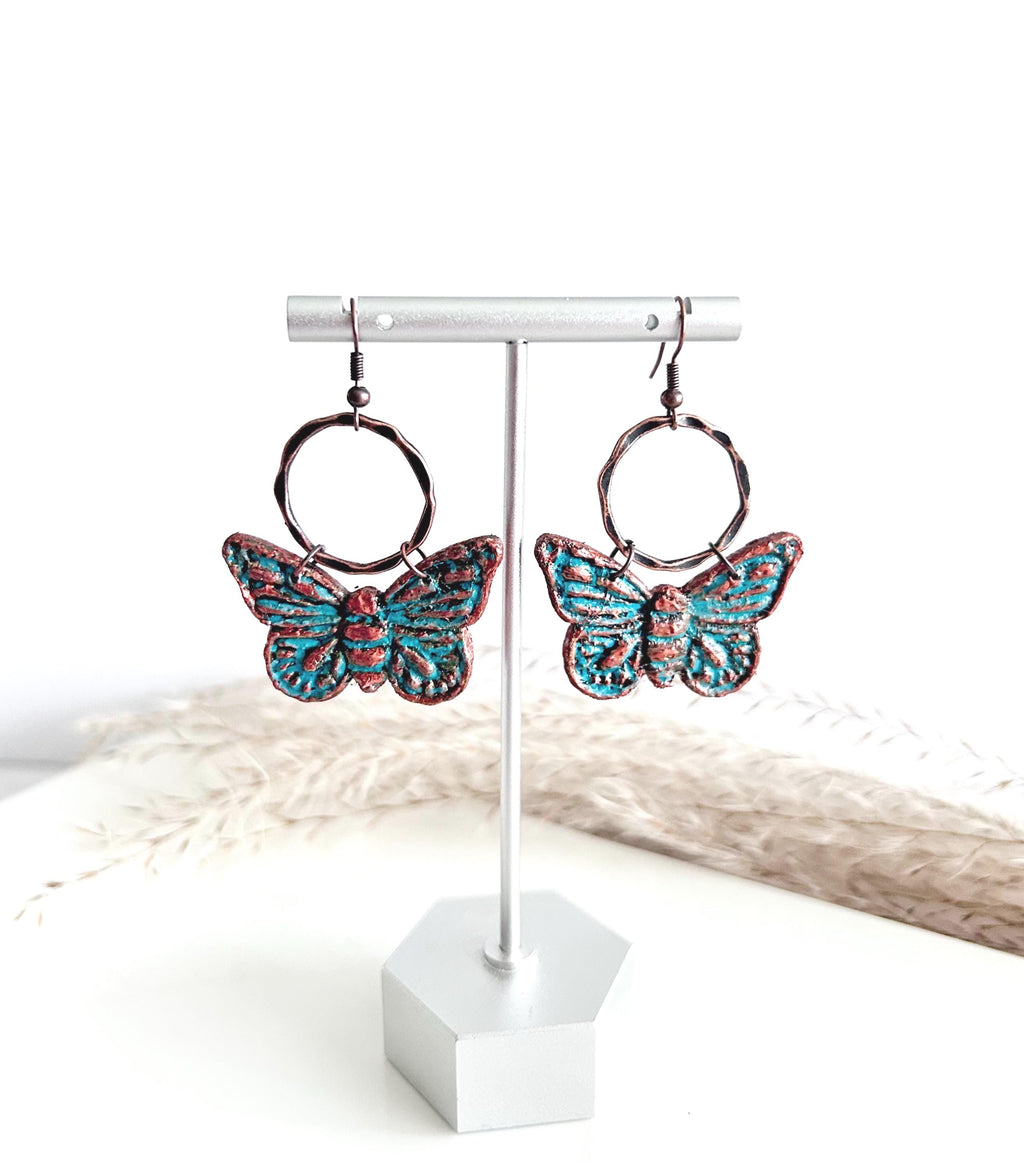 Copper Patina Rustic Moth Clay Earrings, Blue Green Insect Dangles, Lightweight Hypoallergenic