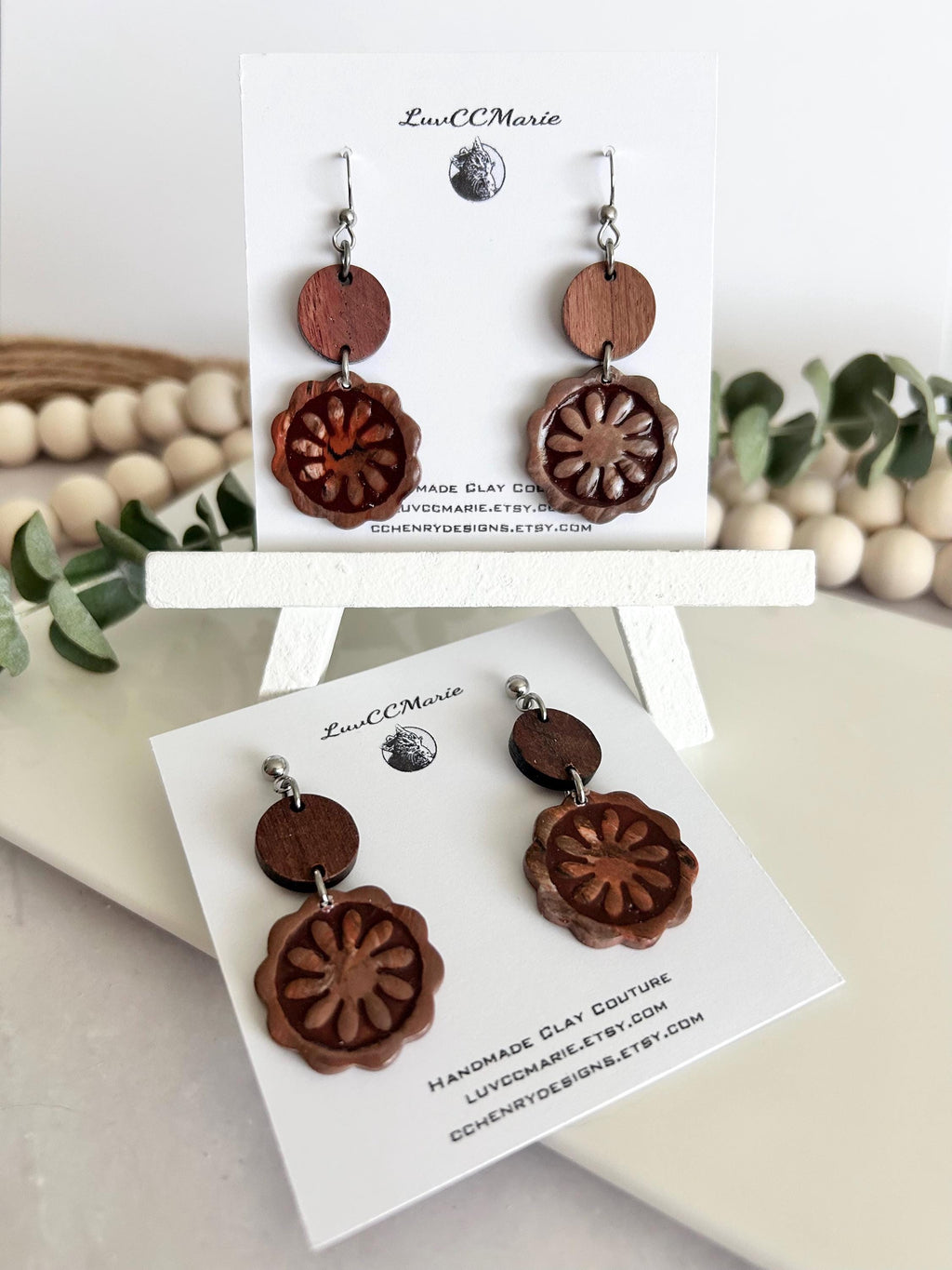 Dark Brown Clay and Wood Dangle Earrings, Santorini Tile Dangles, Fall Neutral Handmade Jewelry Gift
