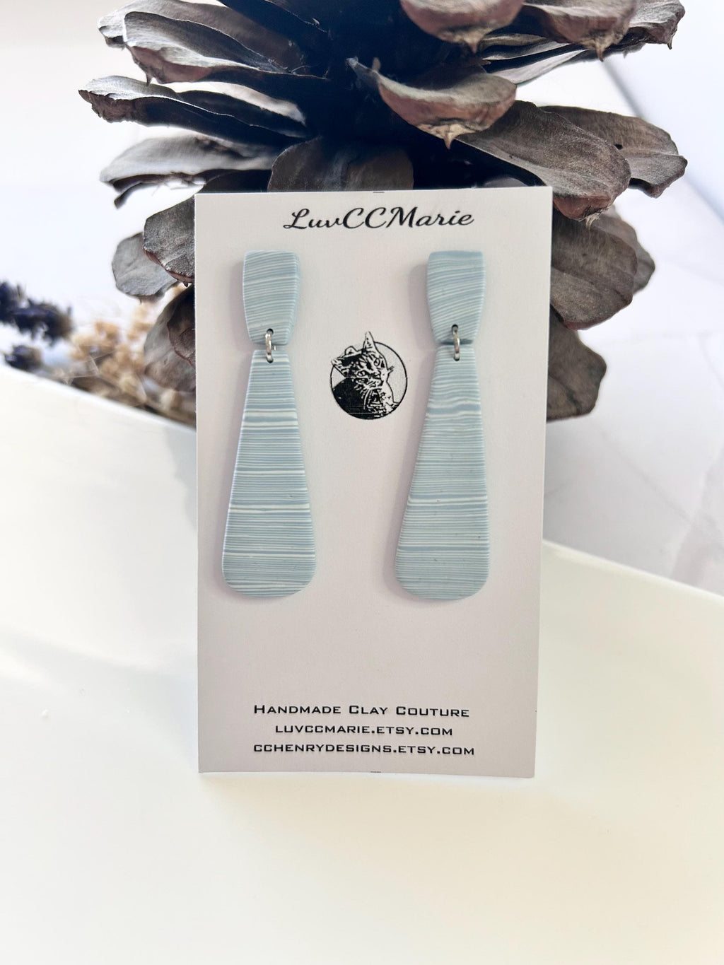 Light Blue and White Striped Dangle Earrings, Dusty Stud Dangles, Handmade Boho Jewelry Gift