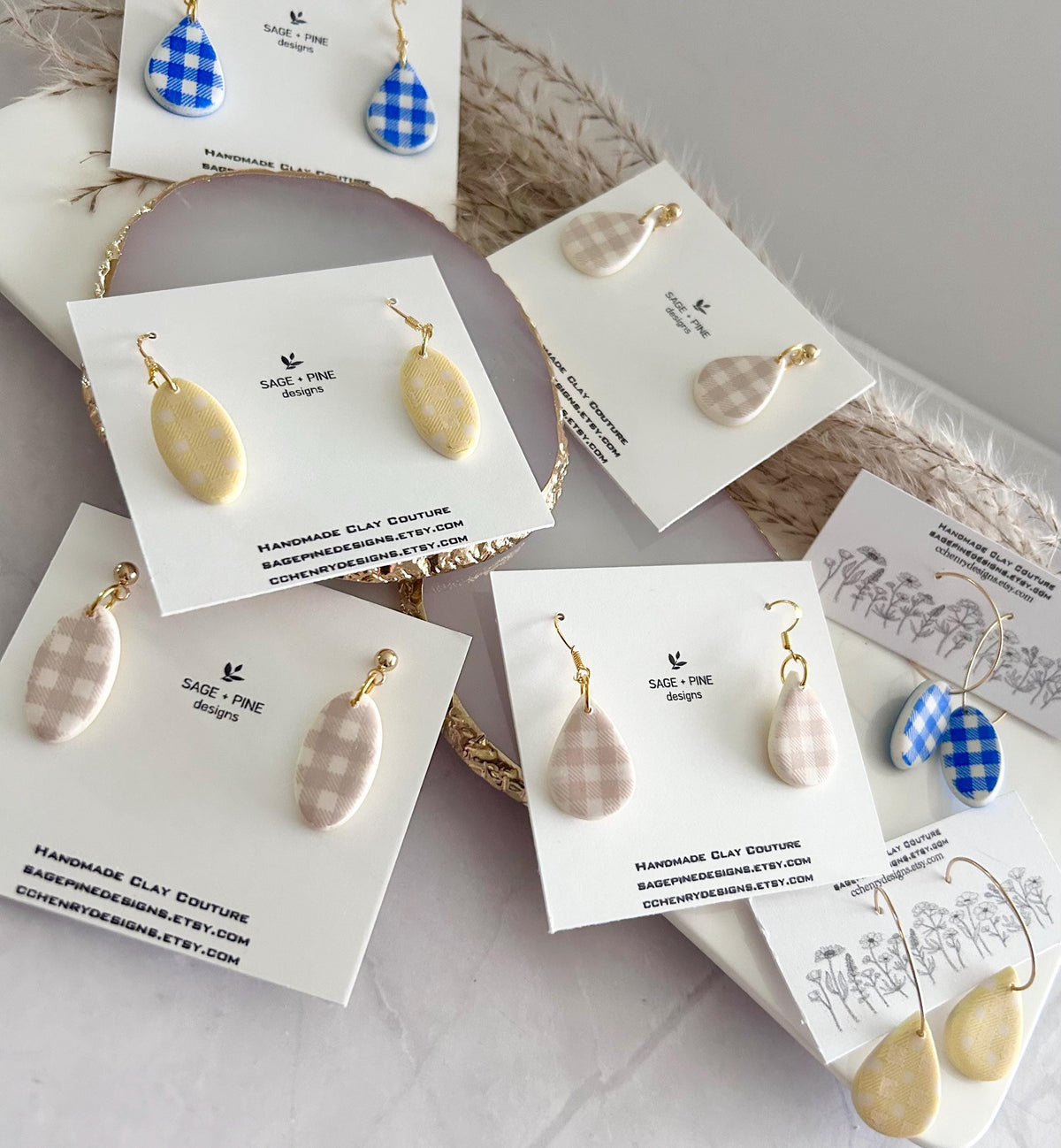 Blue and White Plaid Earrings, Handmade Clay Gingham Dangles, Dainty Summer Jewelry Gift
