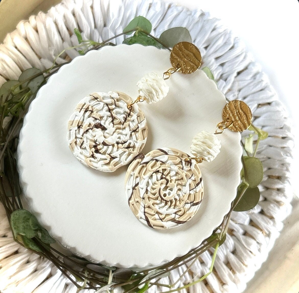 Handmade Clay Dangle Earrings, Raffia Dangles, Neutral Unique Boho Jewelry
