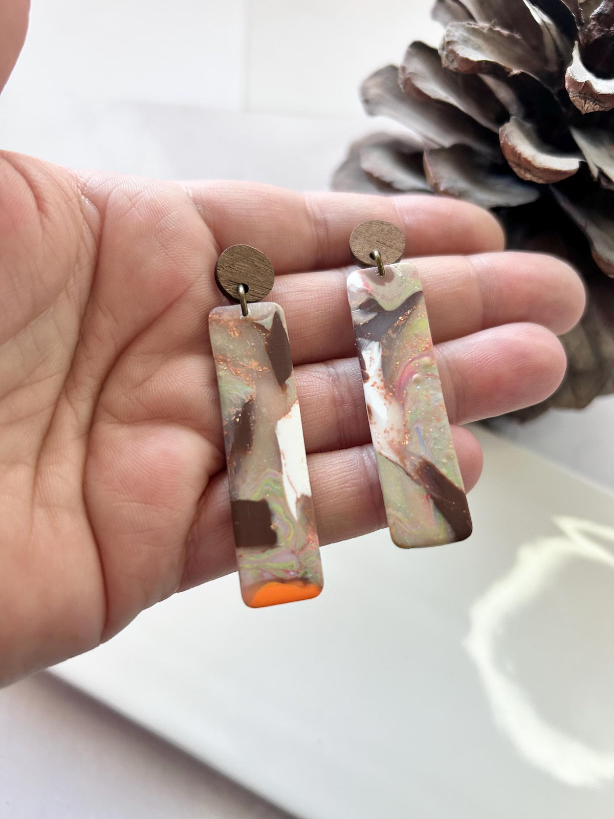 Brown Polymer Clay Earrings, Wood Stud Dangles, Handmade Fashion Jewelry Gift