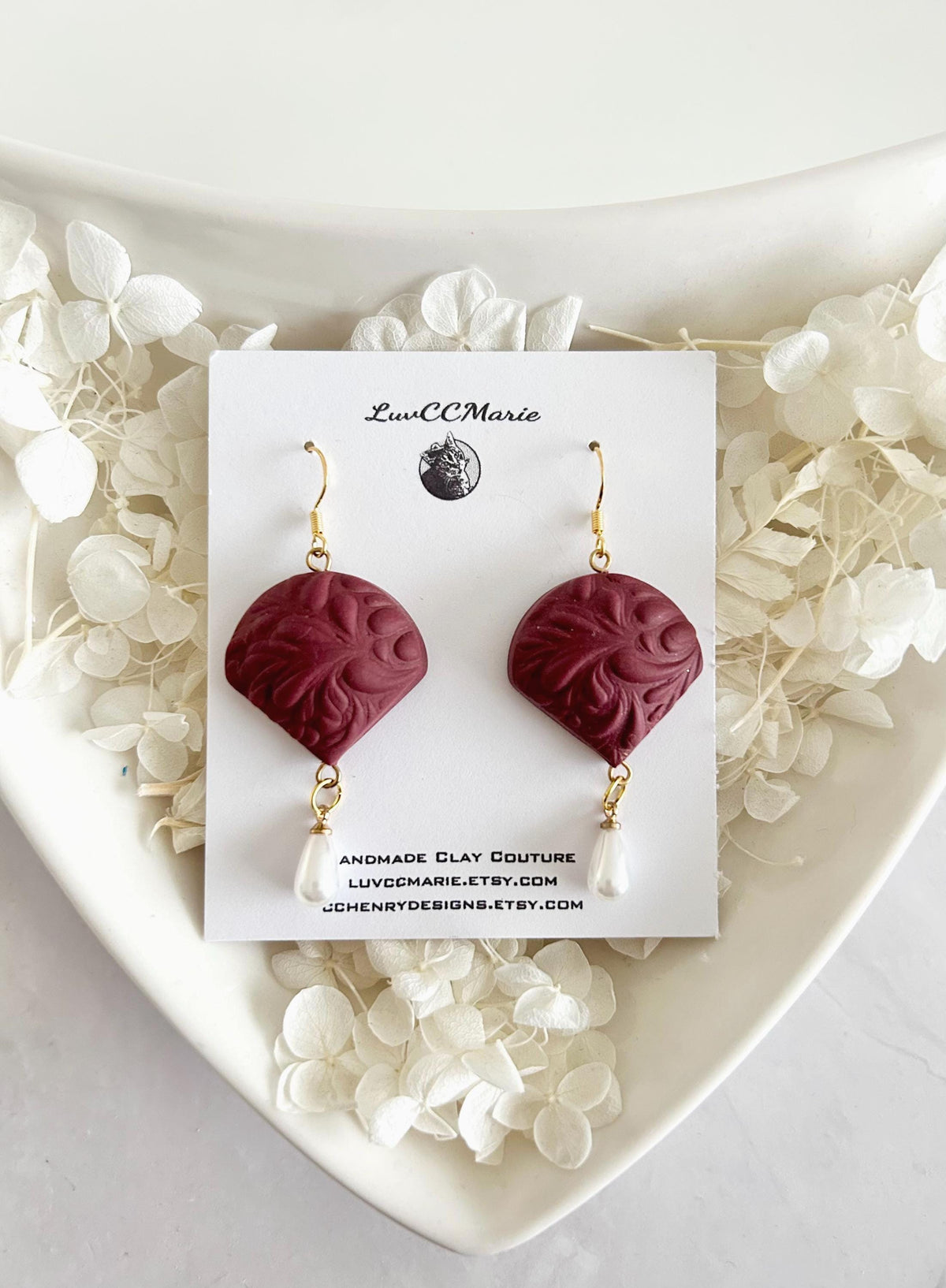 Dark Red or Matte Black Pearl Earrings, Clay and Gold Floral Jewelry Handmade Gift