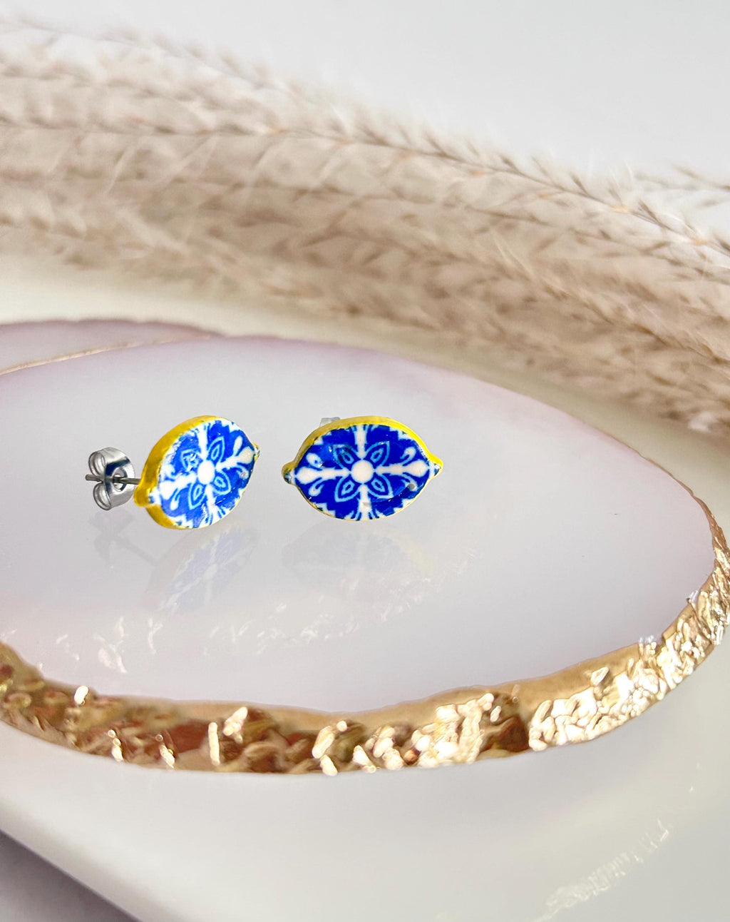 Handmade Lemon Santorini Tile Stud Earrings, Blue White Polymer Clay, Mediterranean Jewelry