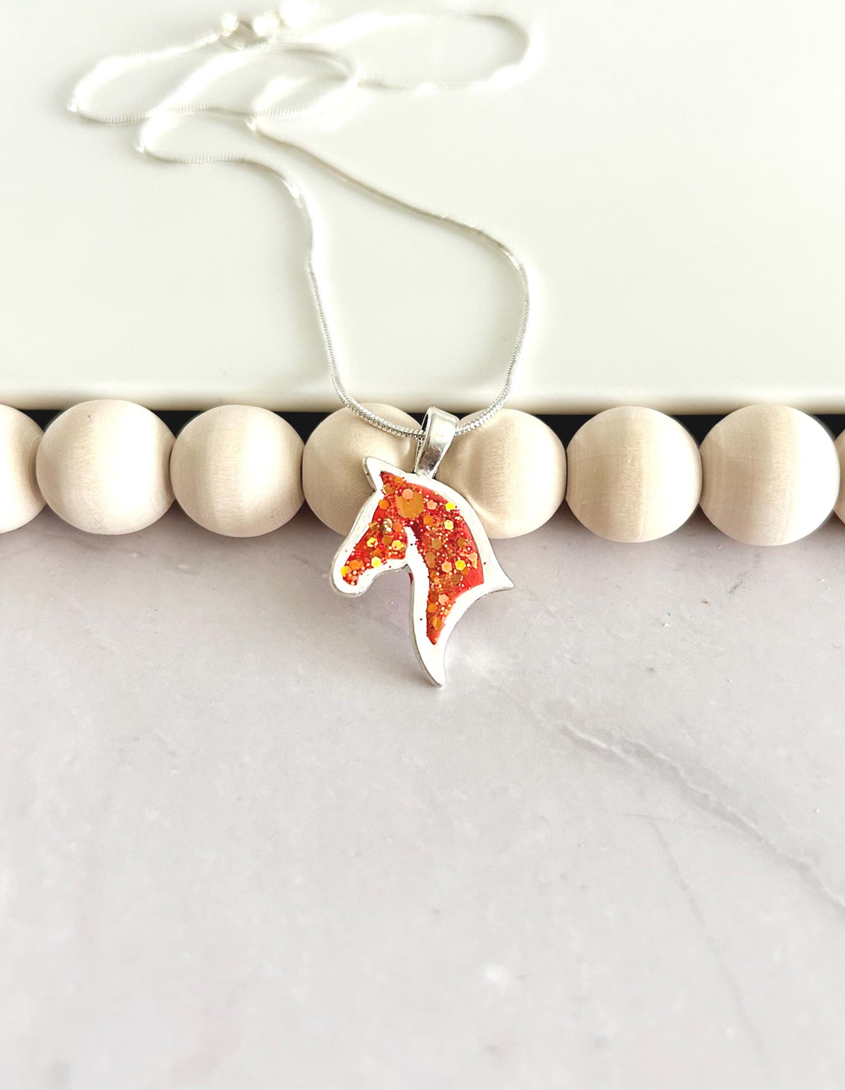 Year of the Horse Fire Necklace, Red and Silver Sparkly Pendant, Handmade Fashion Clay Jewelry