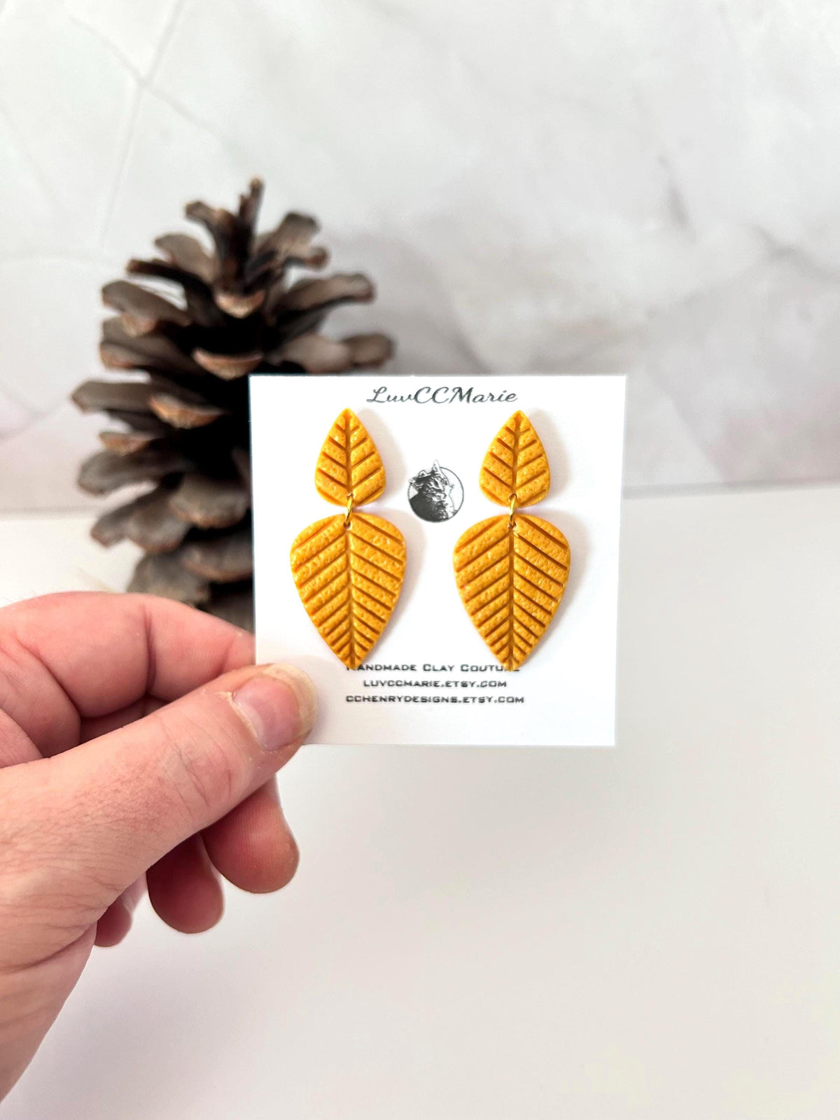 Marigold Yellow Leaf Earrings, Geometric Handmade Clay Dangles, Autumn Mustard Fall Jewelry