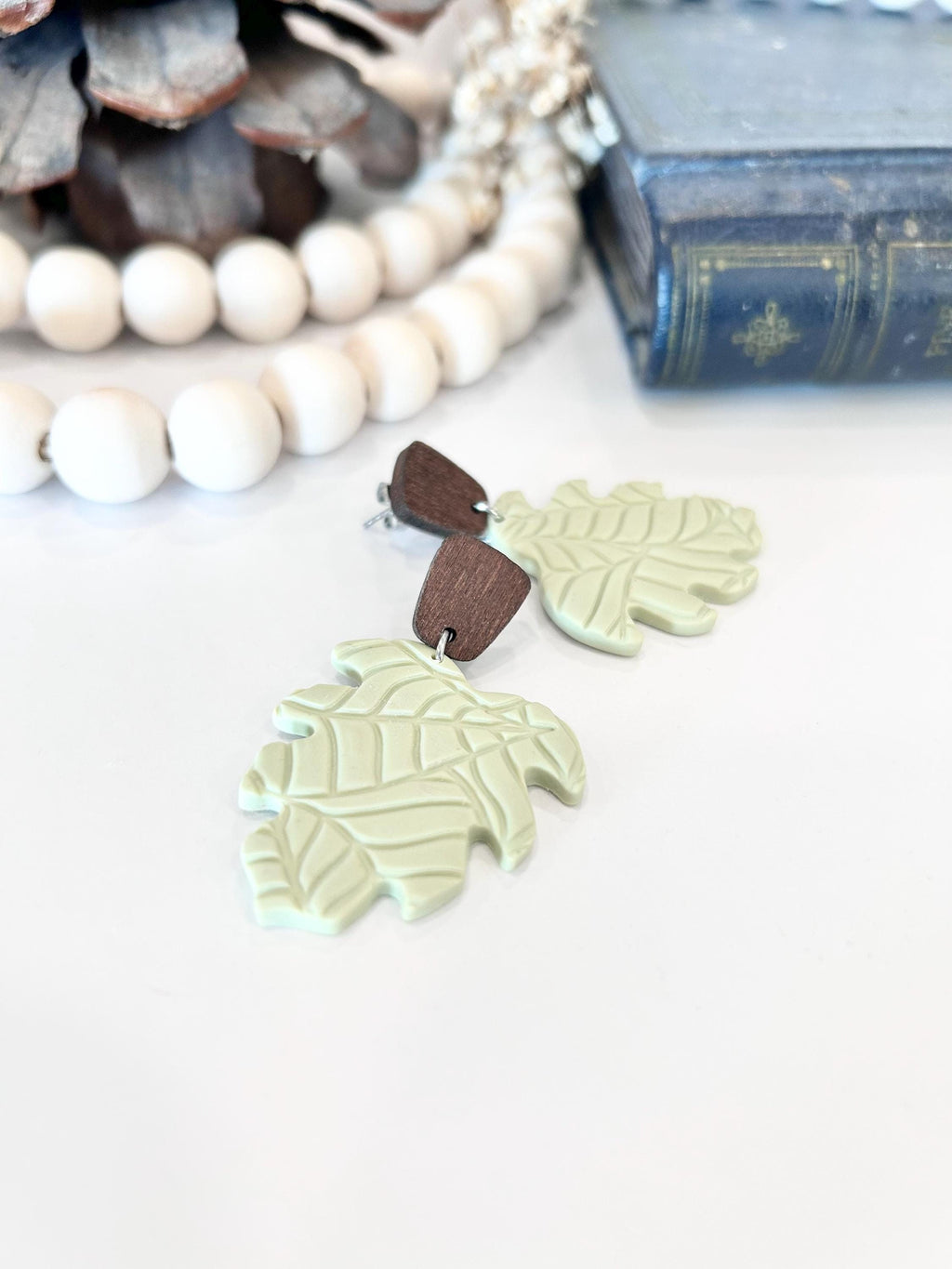 Sage Green Dangle Earrings, Wood and Clay Monstera Leaf Stud Dangles, Handmade Clay Jewelry