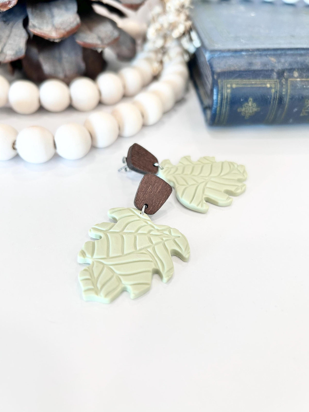 Sage Green Dangle Earrings, Wood and Clay Monstera Leaf Stud Dangles, Handmade Clay Jewelry