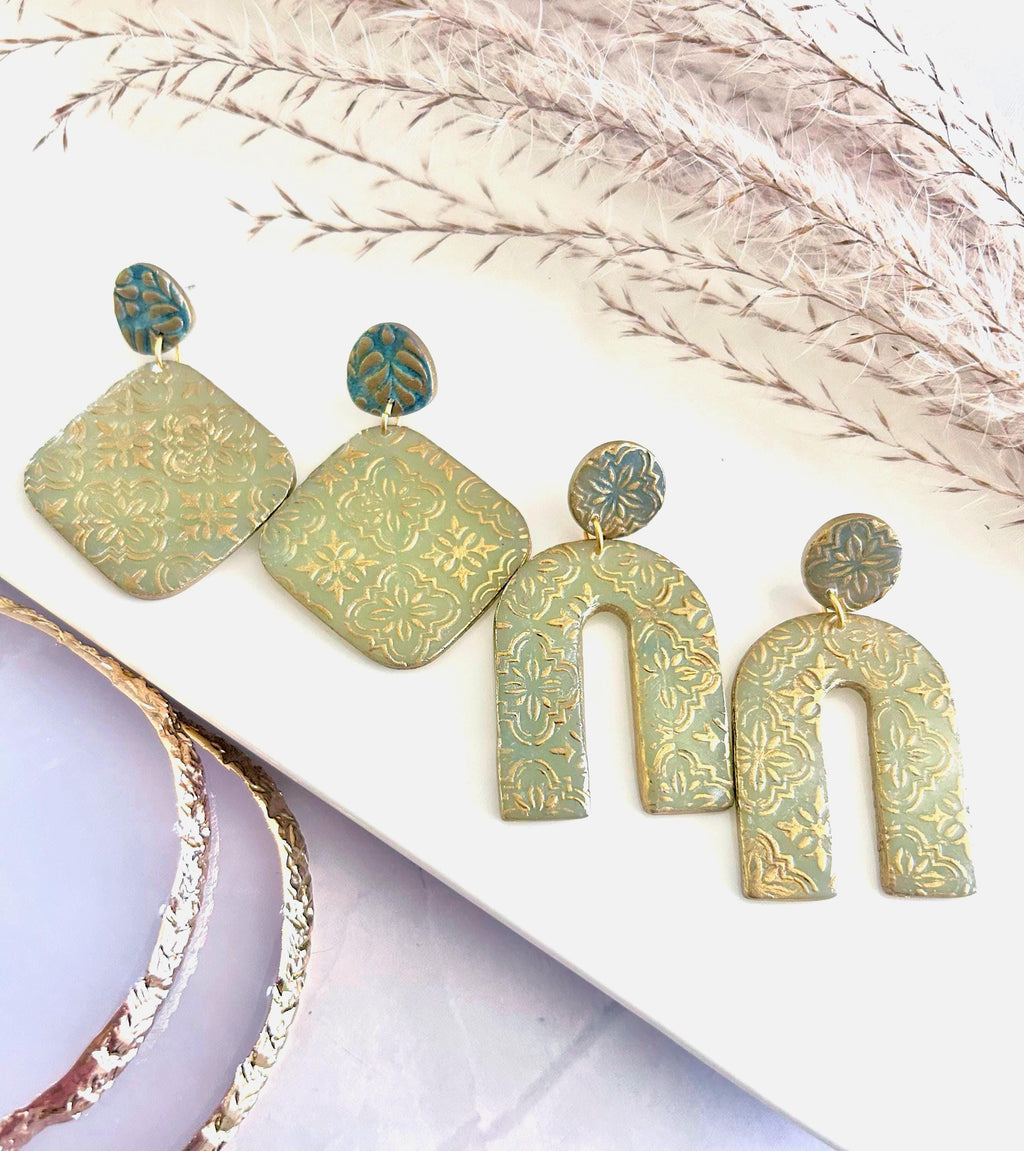 Gold & Sage Drop Studs, Santorini Earrings, Statement Arches, Holiday Jewelry
