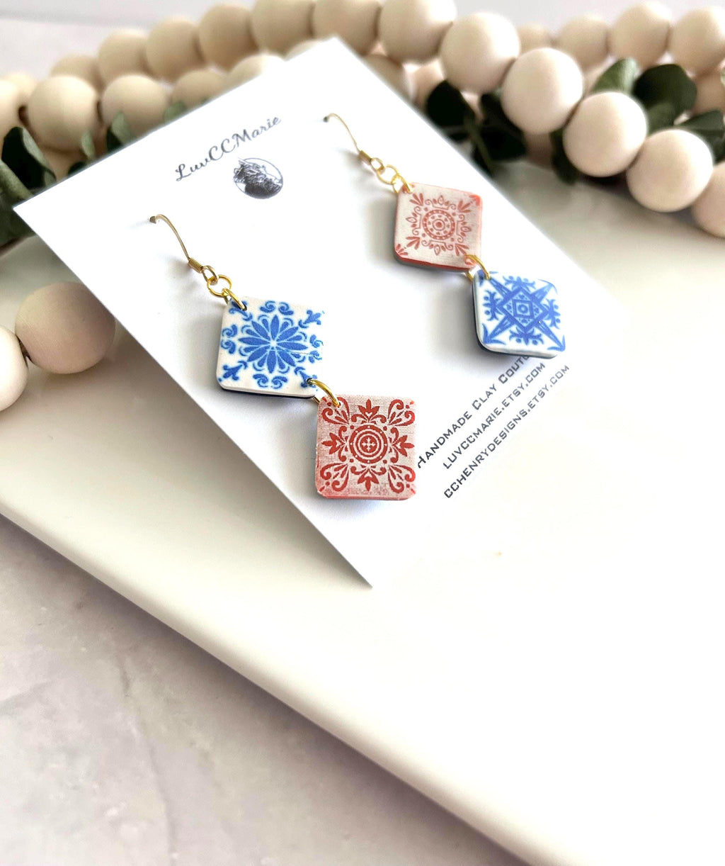 Talavera Clay Tile Earrings, Blue White Coral Dangles, Mexican Terracotta, Mediterranean Jewelry
