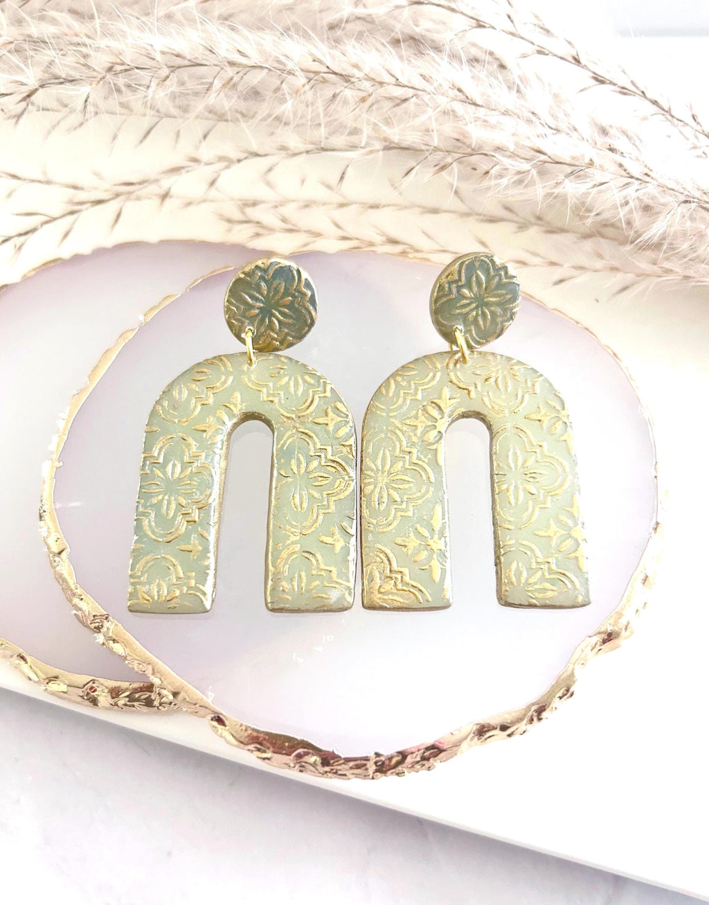 Gold & Sage Drop Studs, Santorini Earrings, Statement Arches, Holiday Jewelry