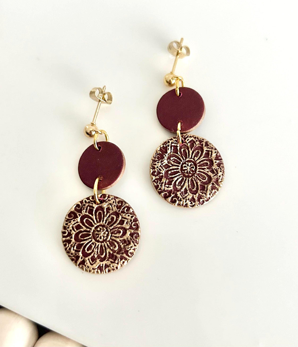 Clay Earrings, Navy Blue, Creamy Off White, Burgundy Dark Red, Gold Floral Mandala Dangles