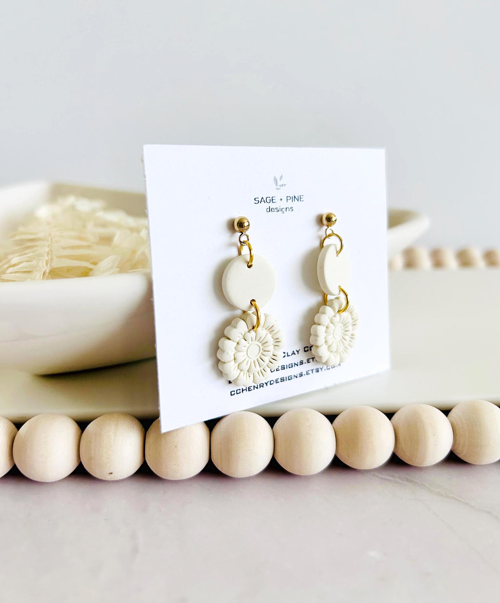 Creamy White Clay Earrings, Floral Embossed Drop Dangles, Handmade Fashion Boho Jewelry