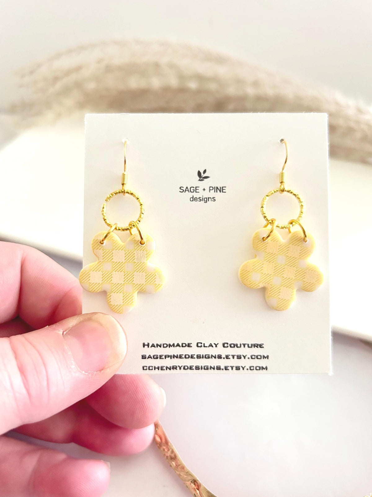 Yellow and Gold Daisy Gingham Clay Earrings, Plaid Dangles, Lightweight Hypoallergenic