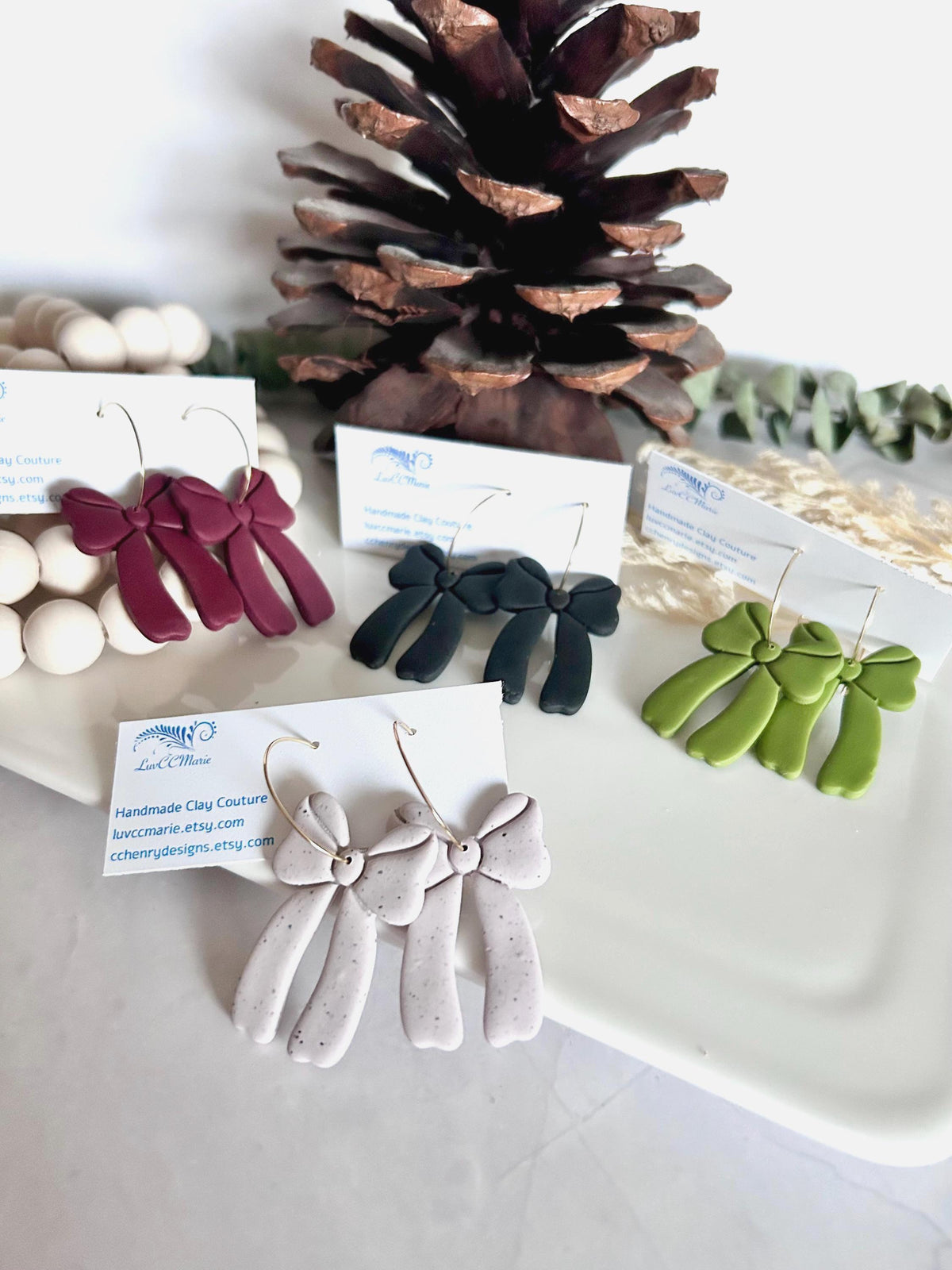 Bow Earrings, Hoop Charm Dangles, Lime Green, Burgundy Red, Creamy White, Matte Black