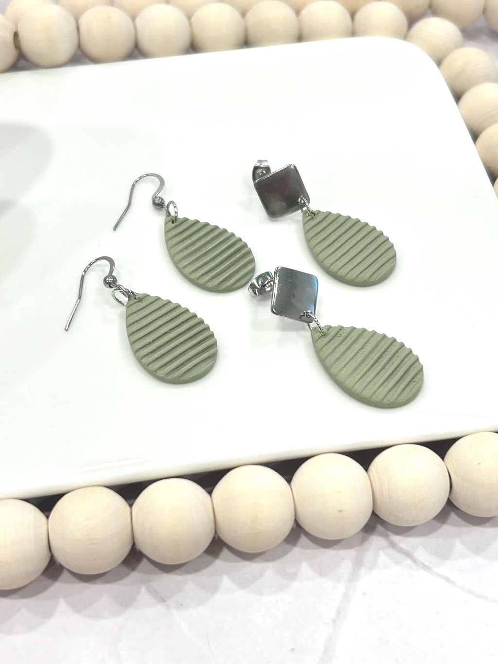 Sage Green Clay Earrings: Boho Teardrop Post Dangles, Stainless Steel Hypoallergenic Studs