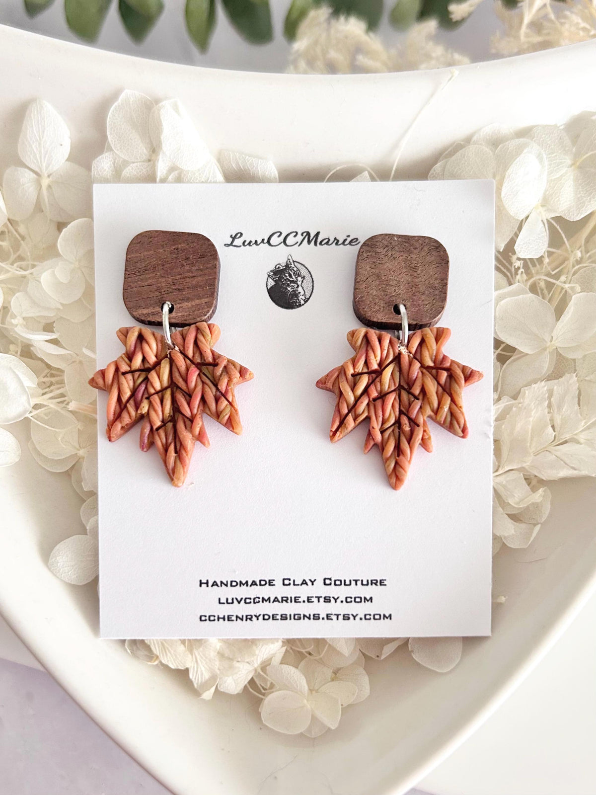 Clay Wood Stud Dangle Earrings, Fall Knit Maple Leaf Dangles, Mustard, Brown, Orange