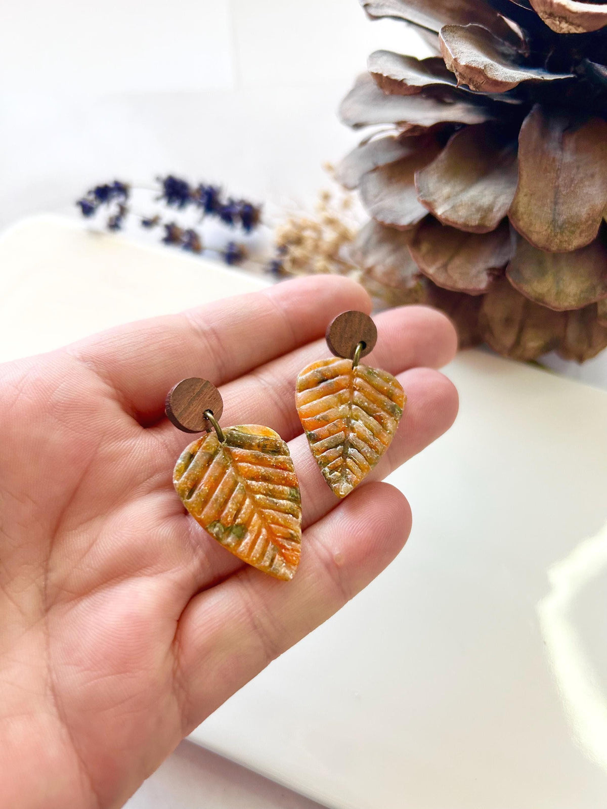 Rustic Autumn Leaves Earrings, Asymmetrical Wood Leaf Dangles, Handmade Lightweight, Colorful Fall Clay Jewelry