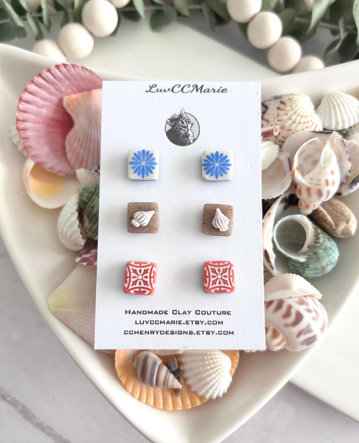 Tile Studs, Santorini Clay Stud Set, Mediterranean Vacation Boho Earrings, Handmade Jewelry, Stocking Stuffers