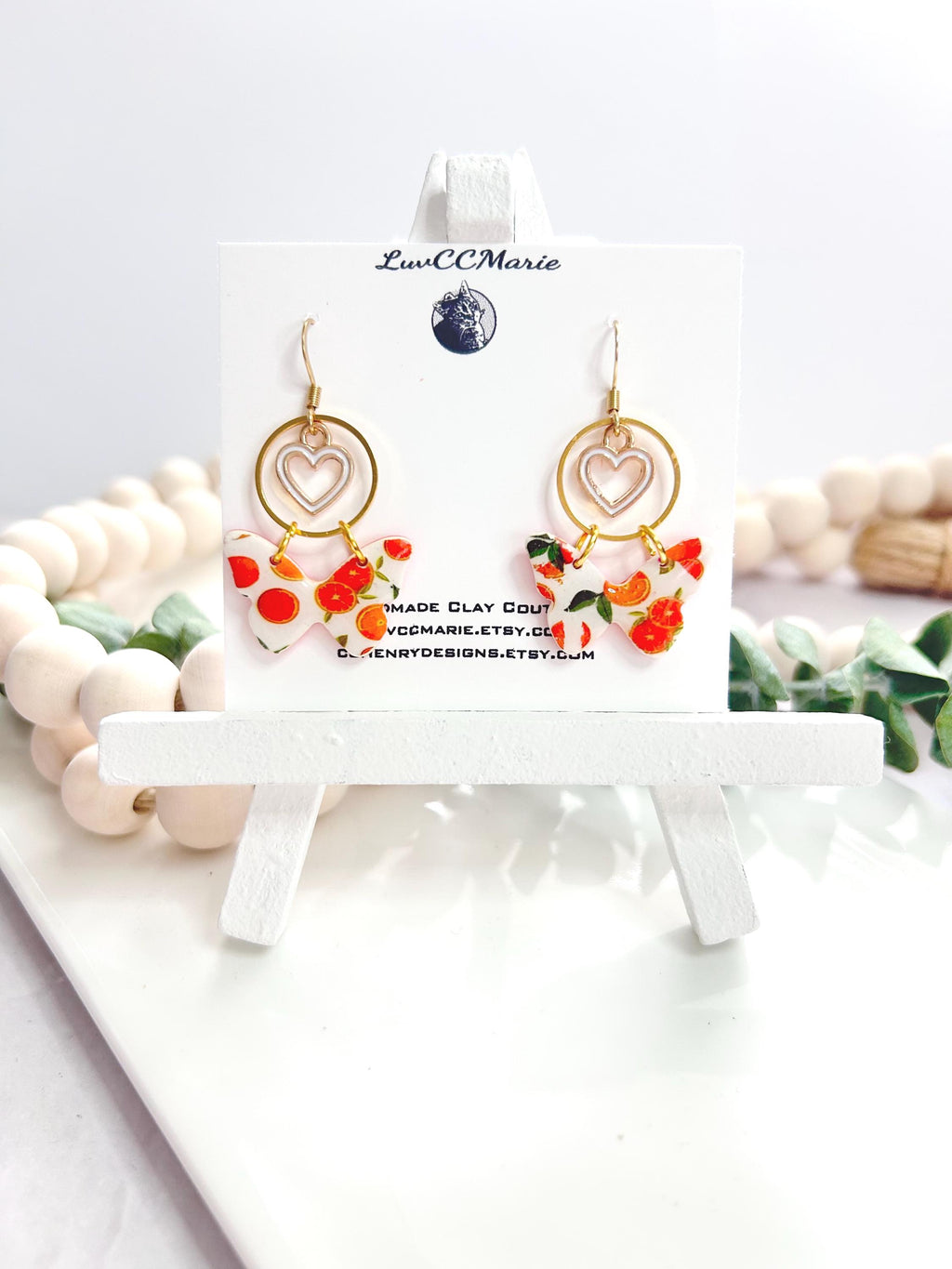 Handmade Orange Butterfly Clay Earrings: Boho Heart Charm Dangles