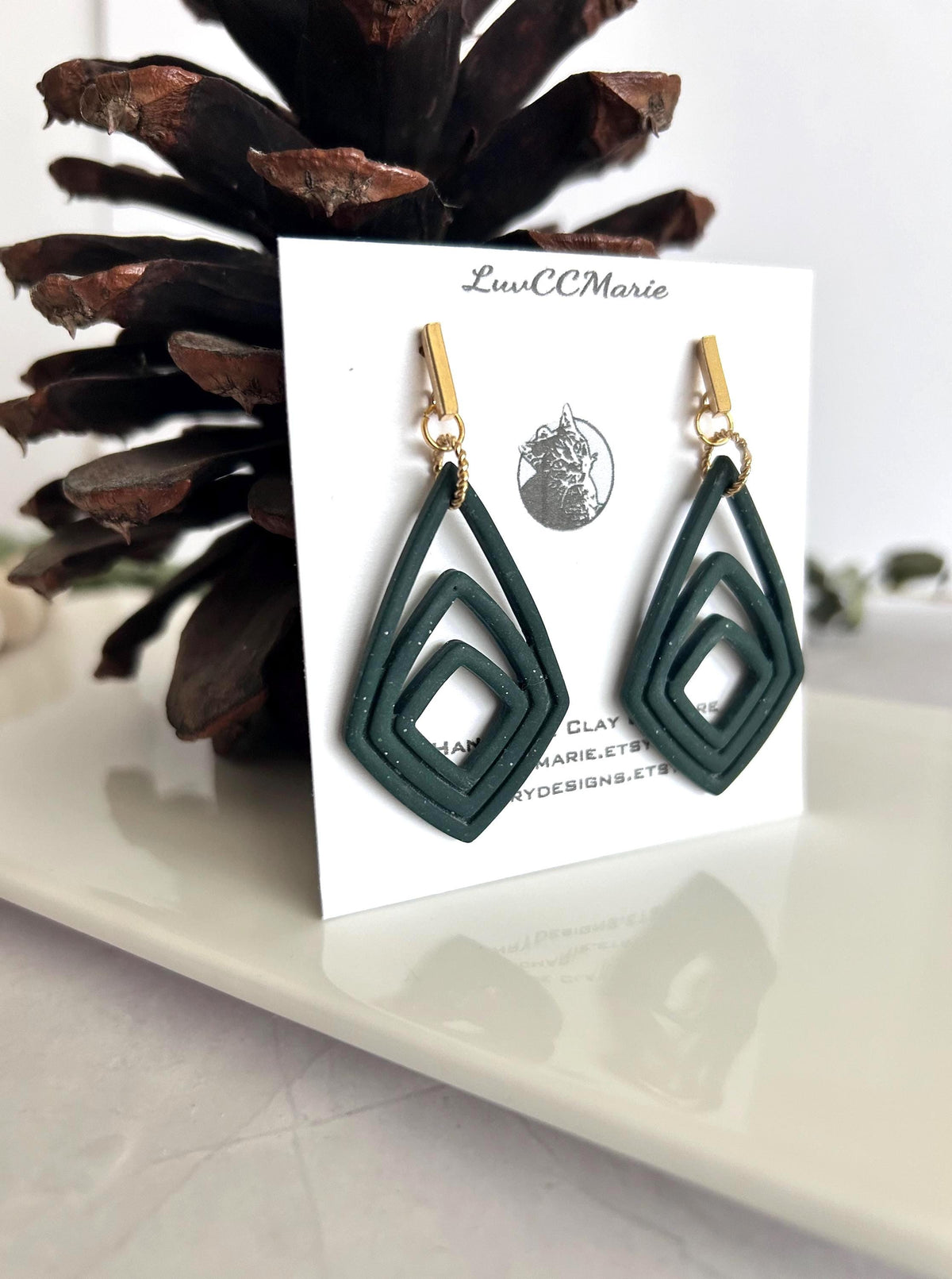 Dark Green Clay Earrings, Forest Dangles, Handmade Jewelry