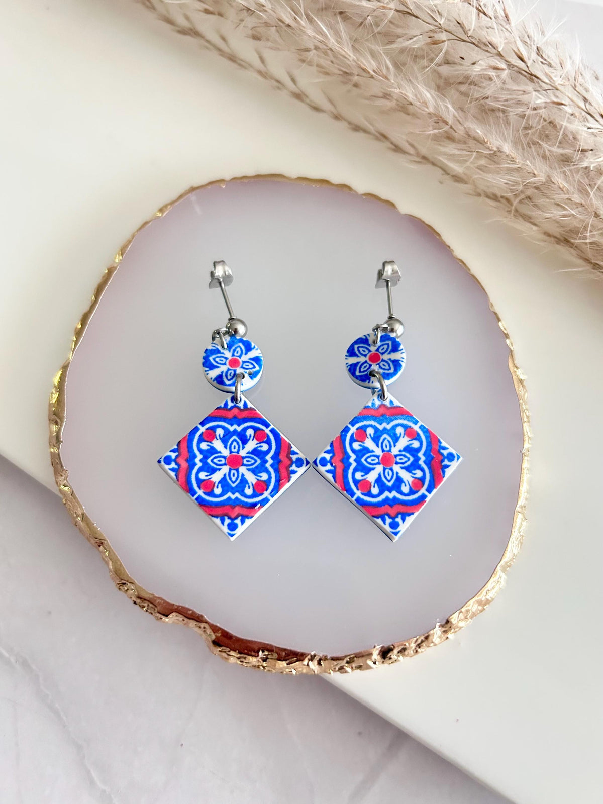 Cobalt Blue Tile 4th of July Earrings, Greek Dangles, Handmade Boho Clay Jewelry