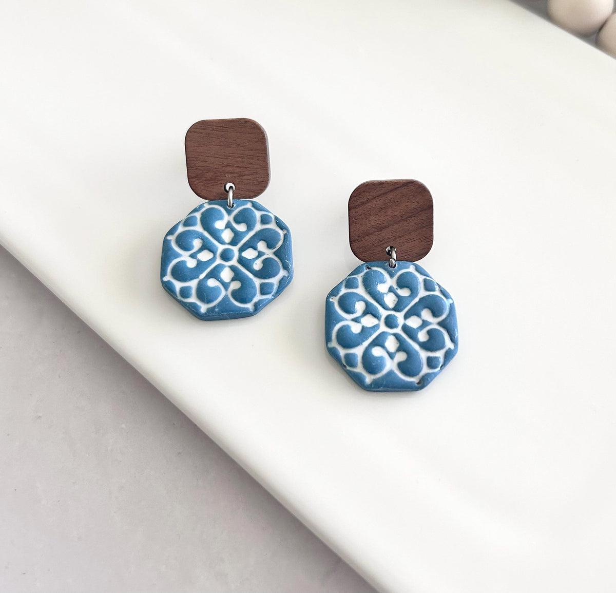 Teal & White Hexagon Santorini Tile Clay and Wood Earrings, Mediterranean Dangles
