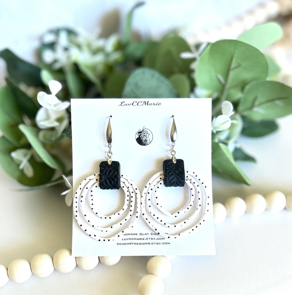 Black and White Polka Dot Hoop Earrings, Handmade Clay Dangles, Stainless Steel, Contemporary Statement