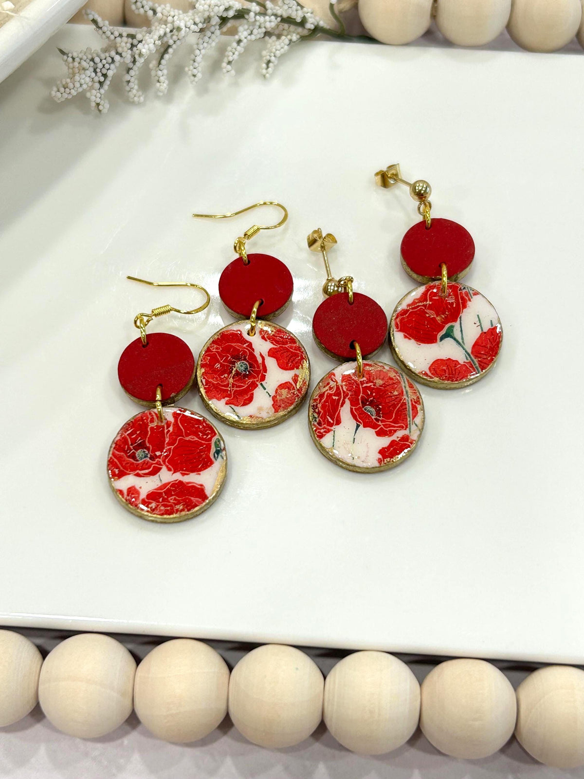 Dark Poppy Red Clay Earrings, Gold Floral Circle Dangles, Handmade Flower Boho Jewelry