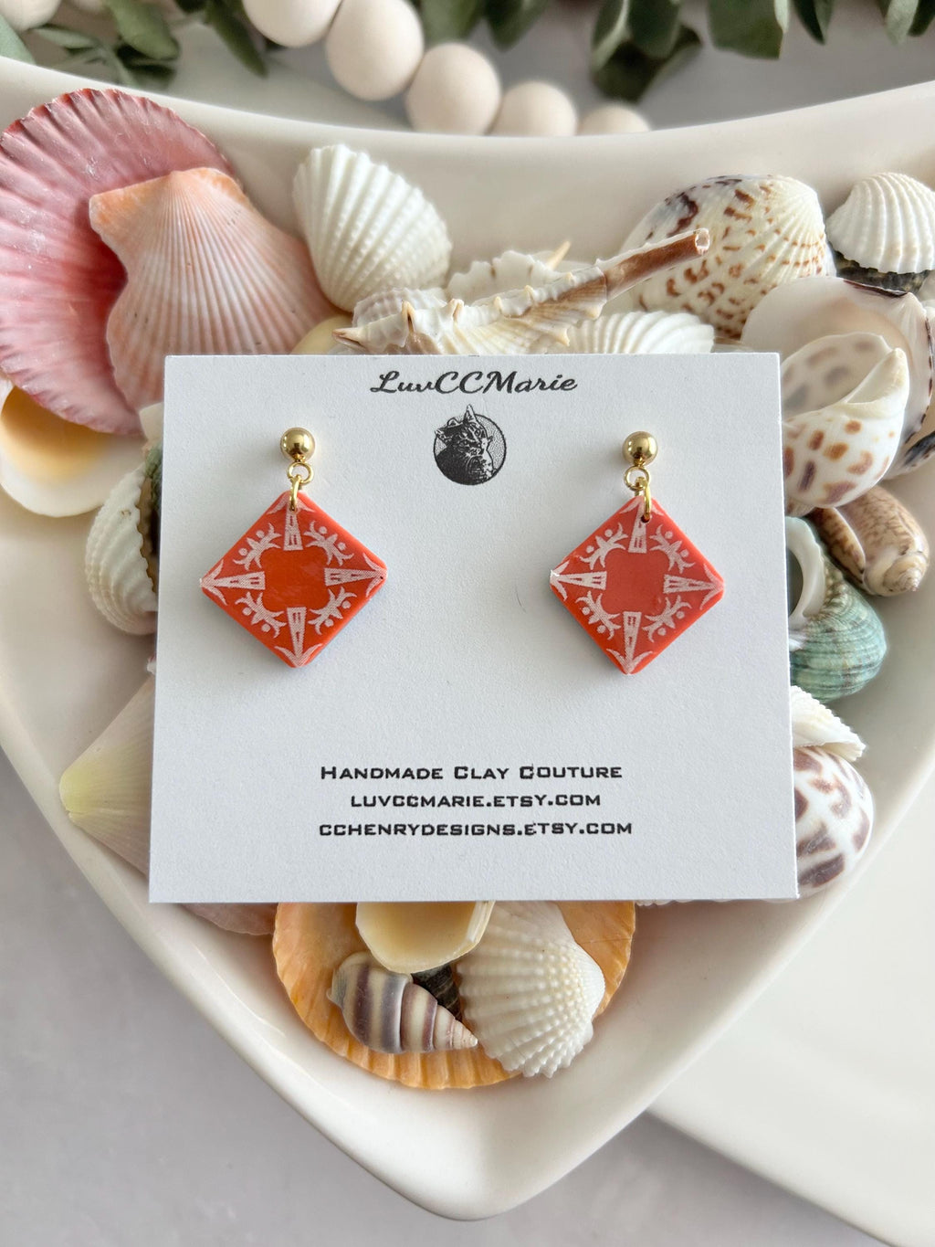 Coral Tile Clay Earrings: Hand-Painted Boho Dangle Jewelry