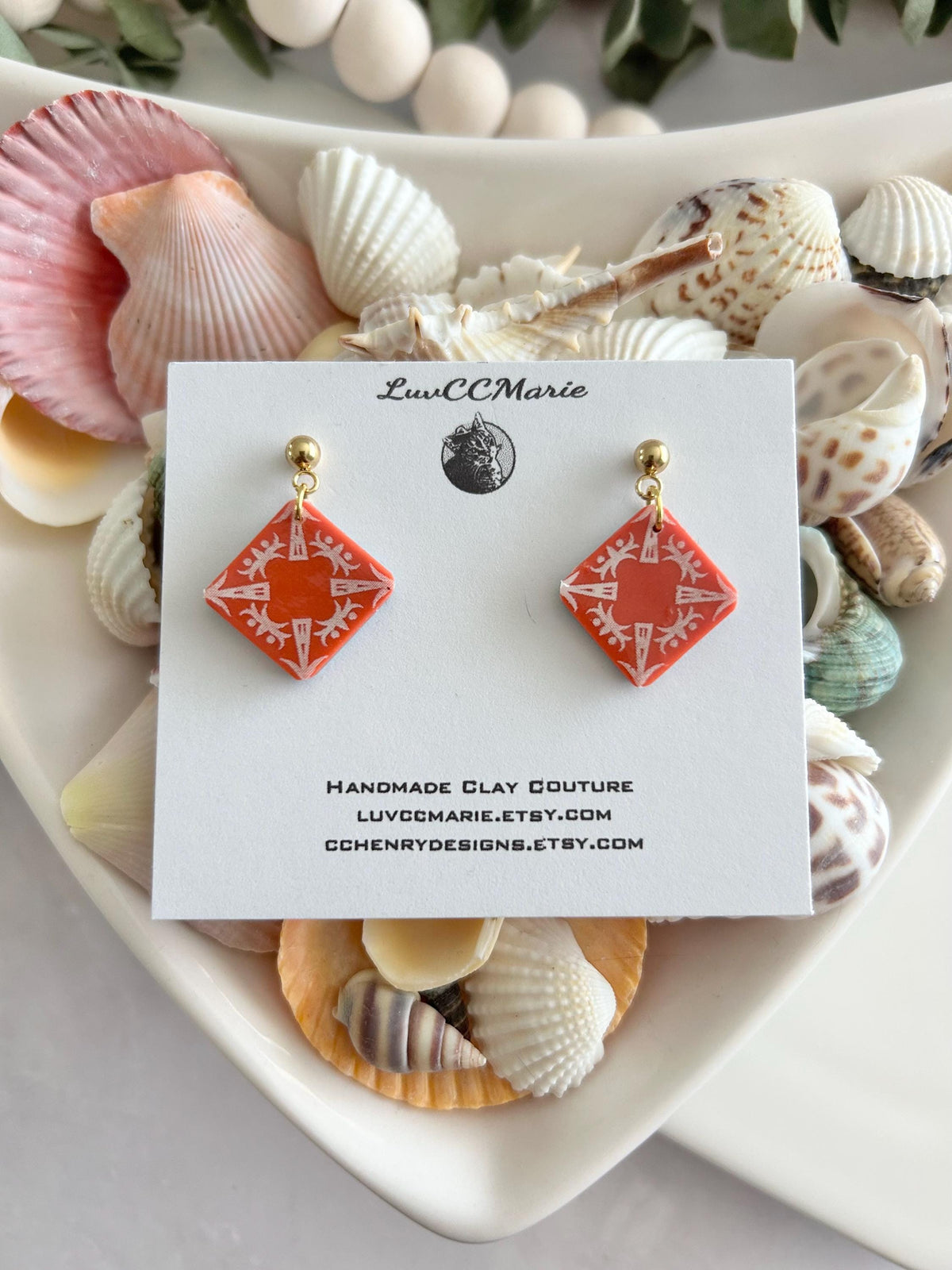 Coral Tile Clay Earrings: Hand-Painted Boho Dangle Jewelry