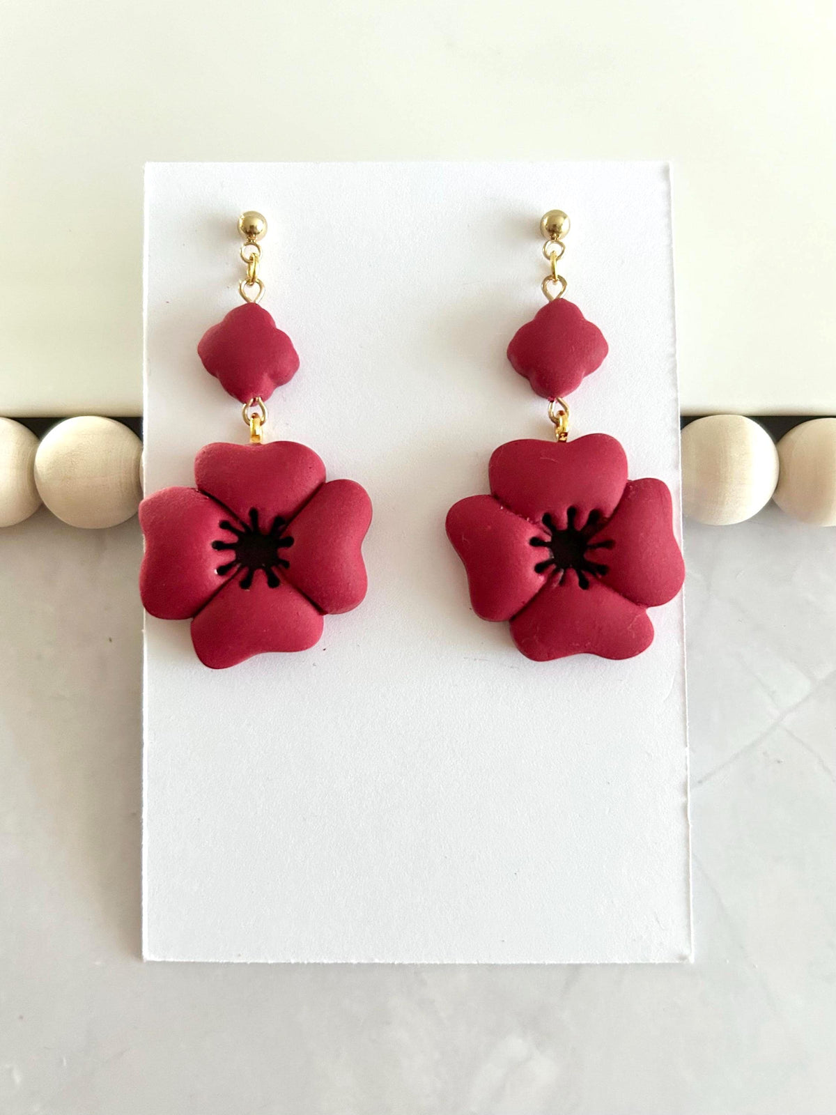Dark Red Poppy Earrings, Polymer Clay Flora Dangles, Handmade Boho Jewelry Gift