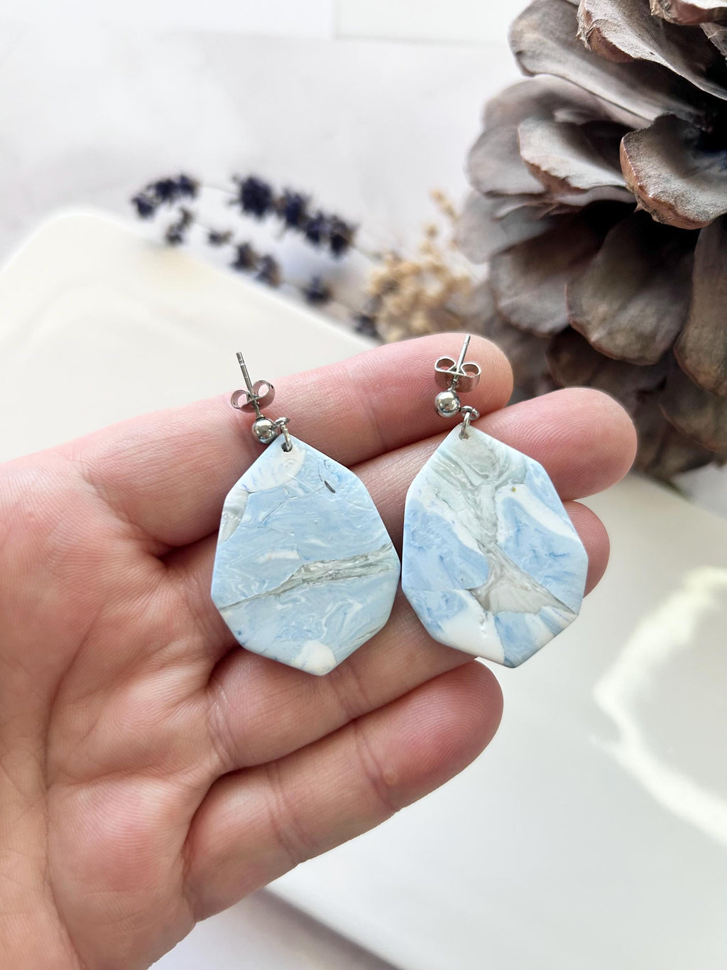 Pale Blue Marbled Earrings, Clay Octagon Dangles, Handmade Fashion Lightweight Jewelry Vacation Gift