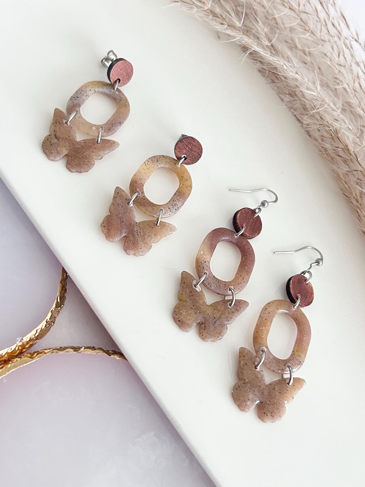 Neutral Beige Tortoiseshell Butterfly Clay Earrings, Boho Wood Dangles, Lightweight Handmade Fall Jewelry