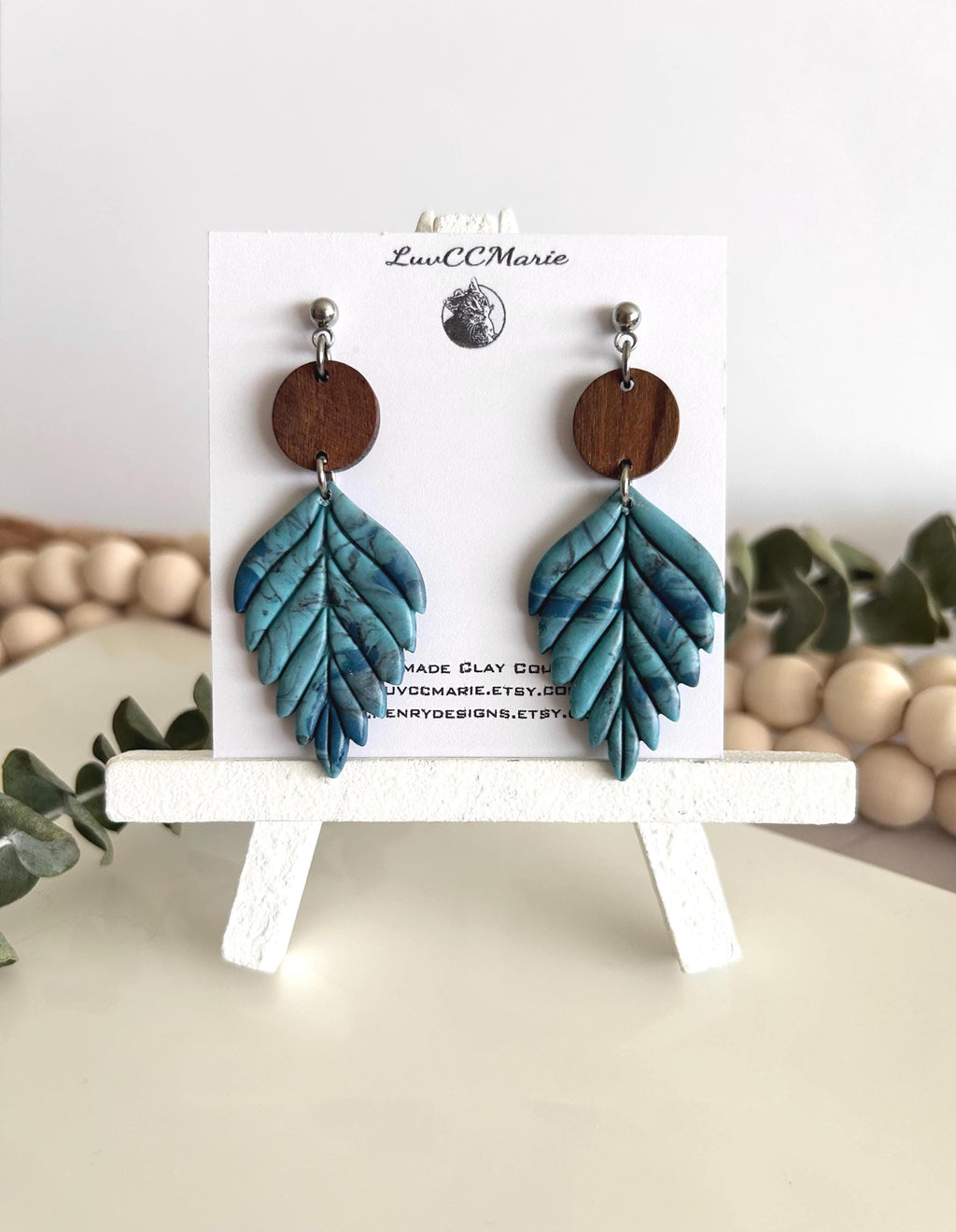 Patina Blue and Brown Leaf Earrings, Walnut Wood Clay Dangles, Long Lightweight Boho Jewelry