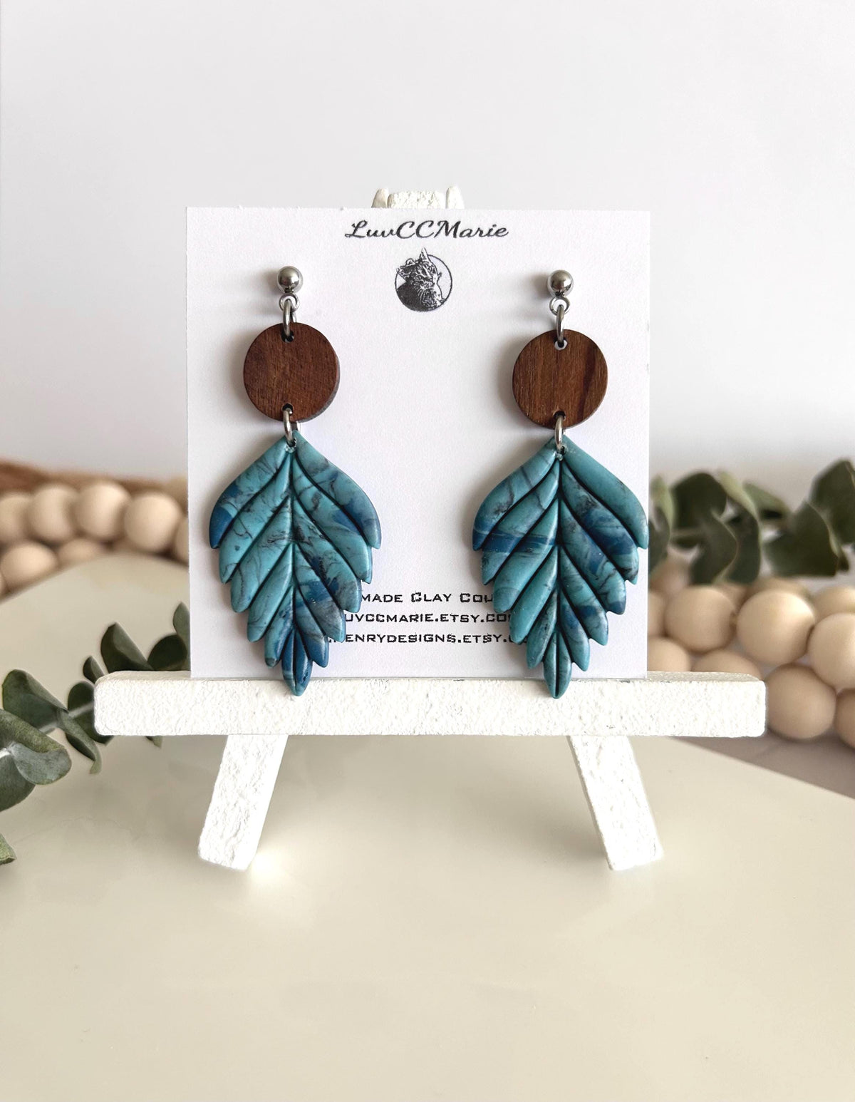 Patina Blue and Brown Leaf Earrings, Walnut Wood Clay Dangles, Long Lightweight Boho Jewelry