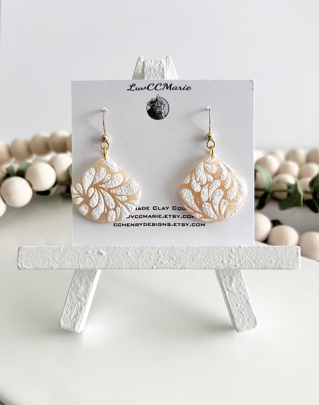 Nude and White Matisse Floral Dangle Earrings, Gold Lightweight Drop Dangles